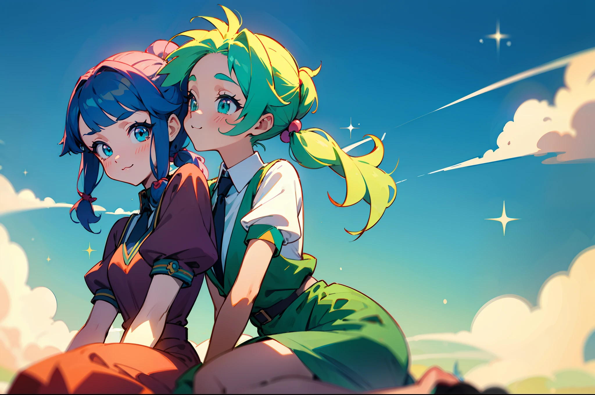 ((colourful, As detailed as possible, tmasterpiece)), Two anime friends sit side by side and one makes pigtails for the other against the backdrop of a shining sky, Erotic, yuri, Dominates, Two friends, 2 d anime style, flat anime style, in anime style, the anime, anime stylized, glass hair, Glowing Hair, portraite of a, Black Uniform, Strict costume, black necktie, white  shirt, puffy short sleeves, Shorts, Smile, puffy short sleeves, Puffy armbands, Shirt, short sleeve, sparkle, Lush eyelashes, (The first girl with a high shoulder-length ponytail and a calm face), beatiful face, multi-colored hair, Hair gradient, Hair color: blue, (without bangs), curly curl on the cheek, hairstyle high ponytail, long tail, peach-colored eyes, :3, Short eyebrows, (The second girl with two long green pigtails and a happy face), wide eyes, turquoise hair, Turquoise textured hair, (turquoise two pigtails), light background, natural light, vivid picture, Additional lighting, cloudy skies, Clouds, Multi-colored space, Beautiful sky