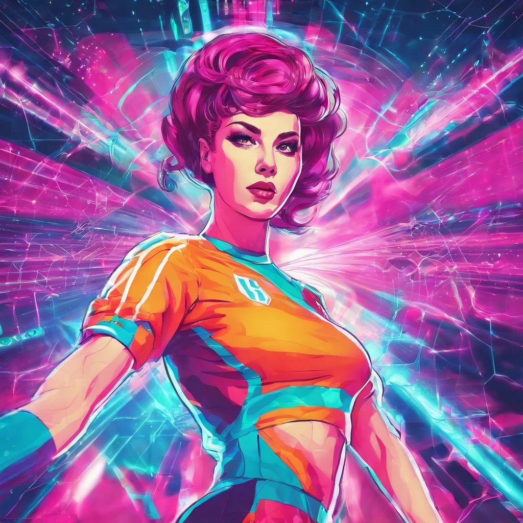 Entire figure of a female beautiful soccer player with colorful hairstyle and cyber clothes, futuristic stadium background,ultra detailed, photo realism, dreamlike lighting, magical photography, dramatic lighting, photo realism, ultra-detailed, 85mm, f 1.2, --ar 9:16 --testp