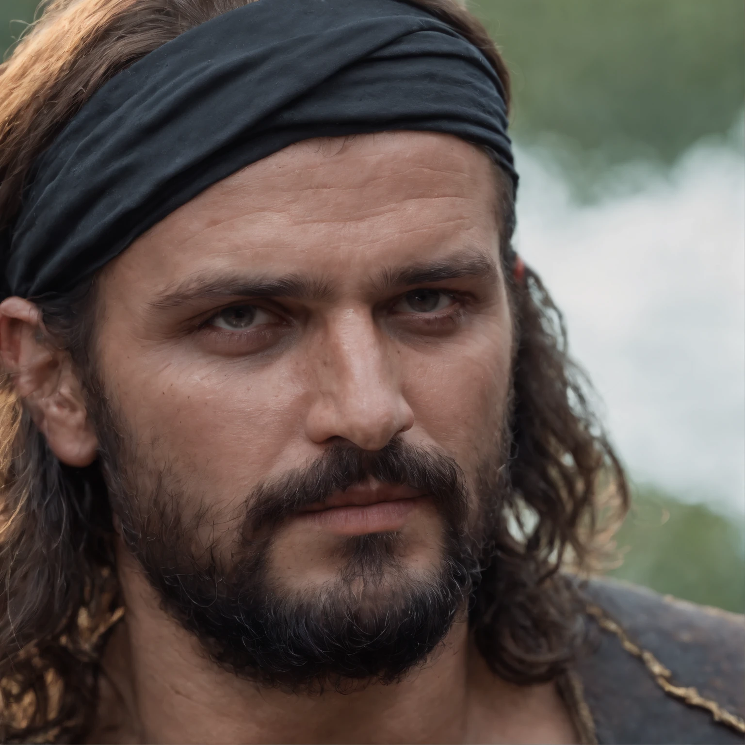 Homme chauve, pirate, wear an eye patch in the left eye, barbe moyenne, Half-strong man