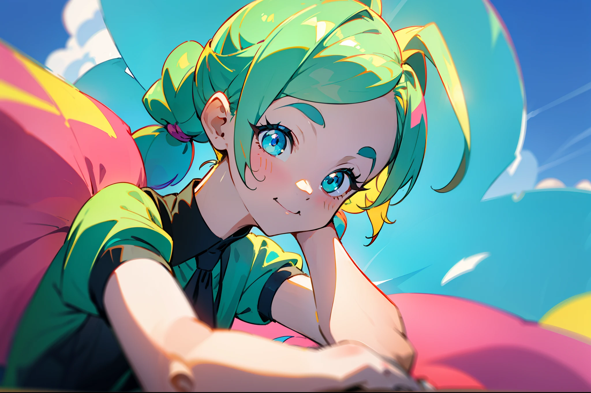 ((colourful, As detailed as possible, tmasterpiece)), Two anime friends sit side by side and one makes pigtails for the other against the backdrop of a shining sky, Erotic, yuri, Dominates, Two friends, 2 d anime style, flat anime style, in anime style, the anime, anime stylized, glass hair, Glowing Hair, portraite of a, Black Uniform, Strict costume, black necktie, white shirt, puffy short sleeves, Shorts, Smile, puffy short sleeves, Puffy armbands, Shirt, short sleeve, sparkle, Lush eyelashes, (The first girl with a high shoulder-length ponytail and a calm face), beatiful face, multi-colored hair, Hair gradient, Hair color: blue, (without bangs), curly curl on the cheek, hairstyle high ponytail, long tail, peach-colored eyes, :3, Short eyebrows, (The second girl with two long green pigtails and a happy face), wide eyes, turquoise hair, Turquoise textured hair, (turquoise two pigtails), light background, natural light, vivid picture, Additional lighting, cloudy skies, Clouds, Multi-colored space, Beautiful sky