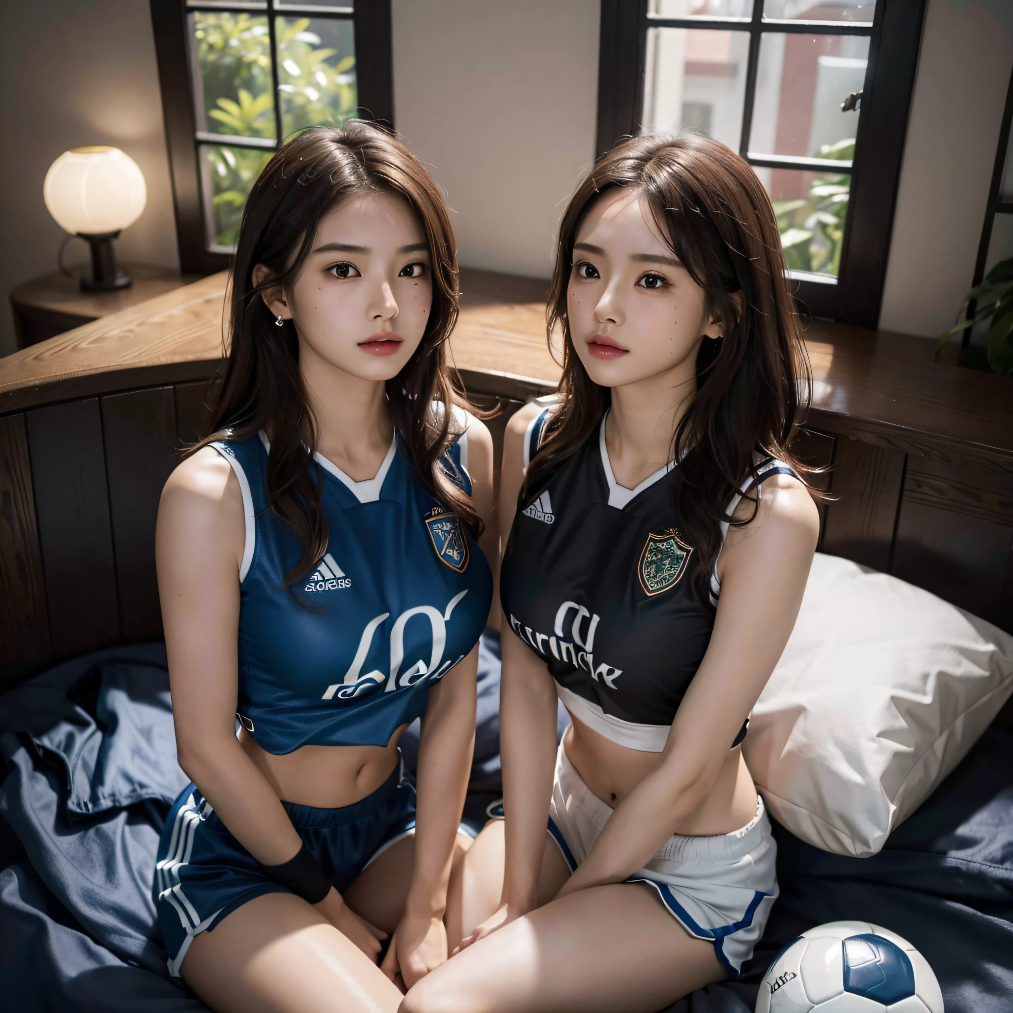 absurdres, RAW photo, extremely delicate and beautiful, masterpiece, Best Quality, ultra high resolution, 16k, hyperrealistic, ultra-detailed, Very detailed CG 8k wallpaper, Beautiful Lighting, Perfect Lightning, Realistic Shadows, perfect anatomy, super Detailed skin, perfect figure, Japanese woman, late 20s, very Slim body, narrow waist, very small head, handsome detailed woman, very detailed eyes and face, realistic face proportions, Stunning detailed eyes, Realistic beautiful face, very small face, Realistic small beautiful eyes, double eyelids, makeup, tearful mole, mole on chest, earring, bare legs, beautiful and very thin legs, beautiful and very thin thighs, (((very huge round breasts))), (((full body shot))), ((short hair)), wavy hair, (((soccer Jersey))), (((midriff peek))), (((sleeveless))), (((((2 girls))))), (((Turf Ground))), (((another crotch grab, sweat))),