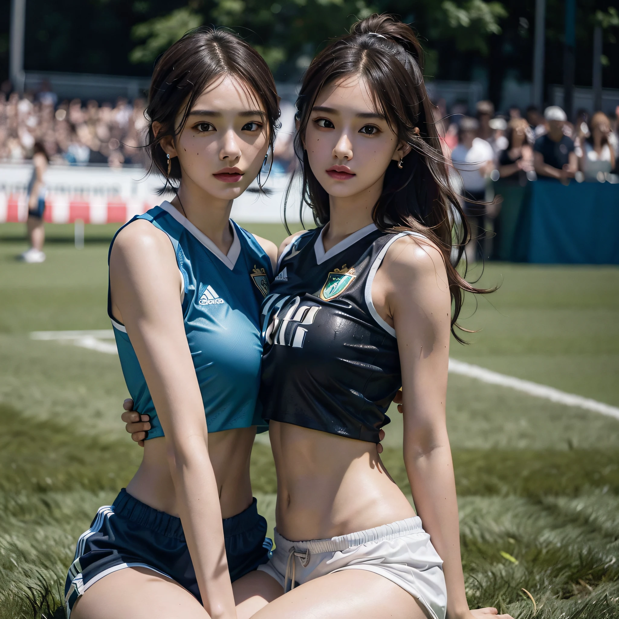 absurdres, RAW photo, extremely delicate and beautiful, masterpiece, Best Quality, ultra high resolution, 16k, hyperrealistic, ultra-detailed, Very detailed CG 8k wallpaper, Beautiful Lighting, Perfect Lightning, Realistic Shadows, perfect anatomy, super Detailed skin, perfect figure, Japanese woman, late 20s, very Slim body, narrow waist, very small head, handsome detailed woman, very detailed eyes and face, realistic face proportions, Stunning detailed eyes, Realistic beautiful face, very small face, Realistic small beautiful eyes, double eyelids, makeup, tearful mole, mole on chest, earring, bare legs, beautiful and very thin legs, beautiful and very thin thighs, (((very huge round breasts))), (((full body shot))), ((short hair)), wavy hair, (((soccer Jersey))), (((midriff peek))), (((sleeveless))), (((((2 girls))))), (((Turf Ground))), (wet), (crowd),