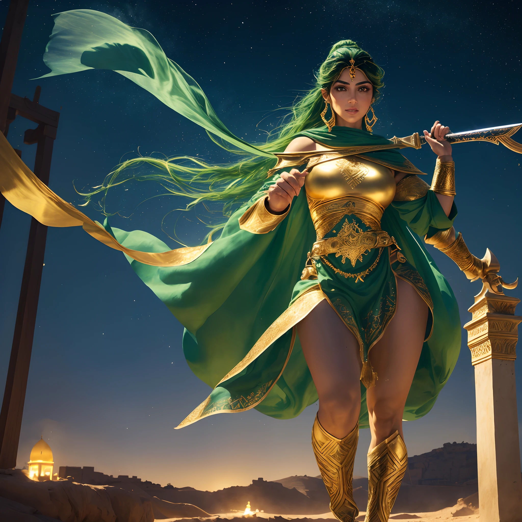 ( obra-prima ), ( UHD ), ( perfect lighting ), ( Construction of the body of delicate character ), ( Simetria do rosto da personagem perfeitos ), ( 8k ), A beautiful Arab warrior with Arab swords, cabelo liso, olhos verdes, Arab warrior outfit, ( Hair dripping there wind ), golden tunic, ( fluttering tunic), Arab scenery at night