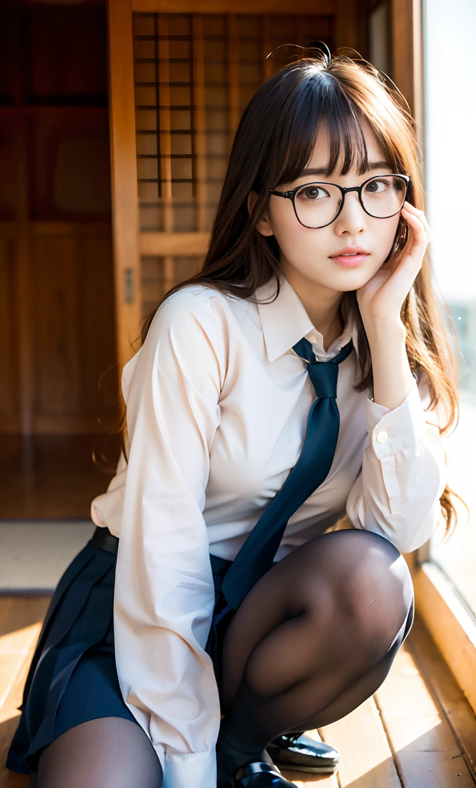 ulzang-6500-v1.1,(RAW photo:1.2), (Photorealistic:1.4), Beautiful Meticulous Girl, very detailed eyes and faces, Beautiful detailed eyes, absurderes, unbelievable Ridiculous, hugefilesize, ultra - detailed, A high resolution, The is very detailed，best qualtiy，tmasterpiece，kemomimi，((Japanes girl' high school uniform))，illustratio，The is very detailed，CG，unified，8k 壁纸，Amazing Cleavage，finely detailled，tmasterpiece，best qualtiy，The is very detailed的 CG unified 8k 壁纸，light in face，cinmatic lighting, 1girll, 16 years old，(wears glasses)，(((dynamicposes)))，(Camel toes)，(A half body)，((Pantyhose))，((Sit with your knees folded))