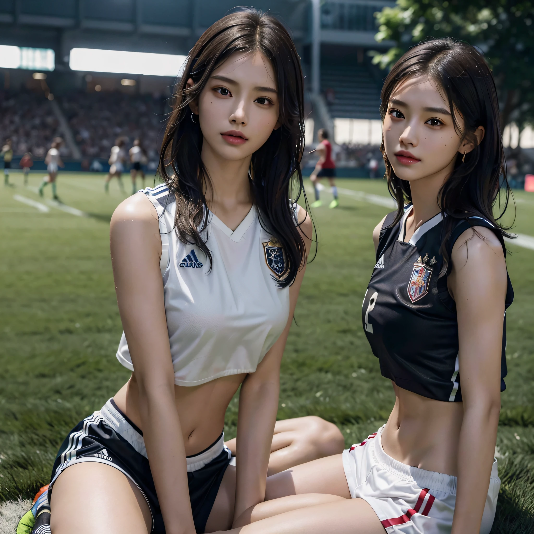 absurdres, RAW photo, extremely delicate and beautiful, masterpiece, Best Quality, ultra high resolution, 16k, hyperrealistic, ultra-detailed, Very detailed CG 8k wallpaper, Beautiful Lighting, Perfect Lightning, Realistic Shadows, perfect anatomy, super Detailed skin, perfect figure, Japanese woman, late 20s, very Slim body, narrow waist, very small head, handsome detailed woman, very detailed eyes and face, realistic face proportions, Stunning detailed eyes, Realistic beautiful face, very small face, Realistic small beautiful eyes, double eyelids, makeup, tearful mole, mole on chest, earring, bare legs, beautiful and very thin legs, beautiful and very thin thighs, (((very huge round breasts))), (((full body shot))), ((short hair)), wavy hair, (((soccer Jersey))), (((midriff peek))), (((sleeveless))), (((((2 girls))))), (((Turf Ground))), (wet), (crowd),