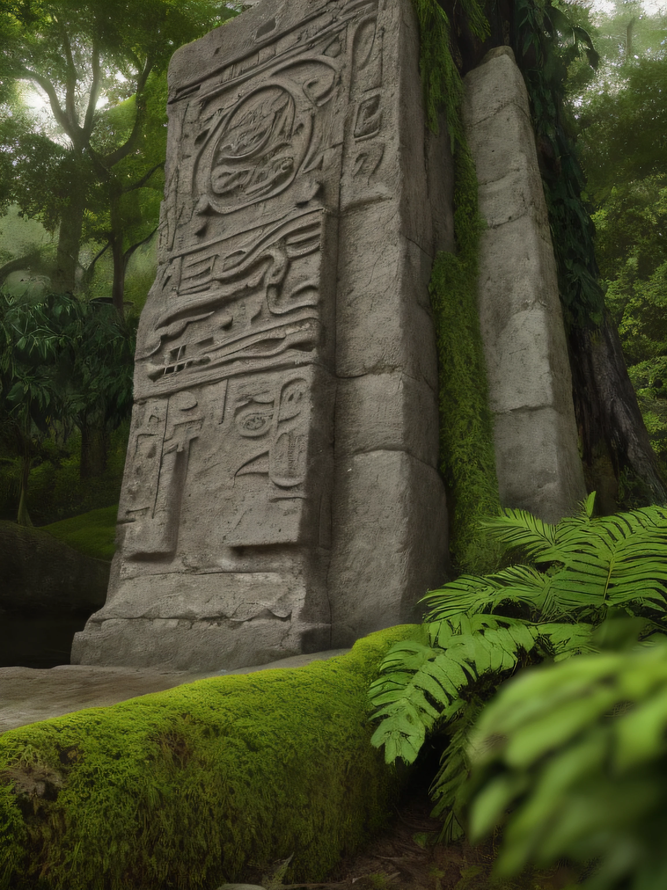 Mayan stele in the rainforest,sculpted stone,ancient civilization,historical artifact,meticulous carving,detailed hieroglyphs,moss-covered,overgrown with vines,jungle foliage,wet atmosphere,lush greenery,rich biodiversity,creeping lianas,misty atmosphere,sunlight filtering through the canopy,atmospheric perspective,mysterious ambiance,realistic vegetation,textured stone surface,weathered appearance,aged patina,deep shadows,wet raindrops,subtle reflections,rain-soaked ground,vivid colors,contrast between stone and nature,dynamic composition,expert craftsmanship,exquisite details,ancient Mayan mythology,dignified figures and gods,significant cultural symbol,timeless beauty,spiritual significance,impressive scale,awe-inspiring presence,archaeological treasure,photo-realistic,high-res,masterpiece:1.2,realistic lighting.