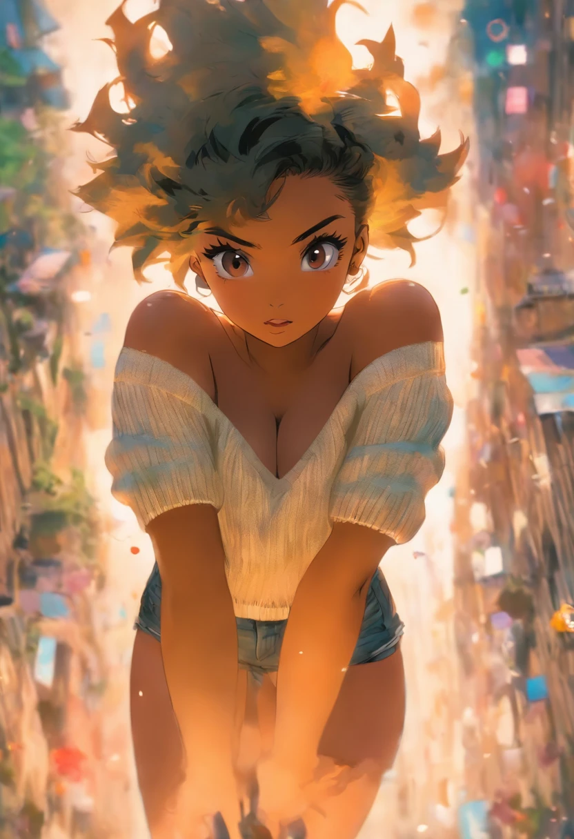 (), huge tit,(masutepiece), Best Quality, Extremely detailed, (watercolor paiting), bloom, Delicate and beautiful, Illustration, (From below),(1girl in:1.4), (Solo:1.2), Large breasts, (Ribbed sweater:1.3), off-the-shoulder sweater, (Short shorts:1.2), Bare shoulders, (underboob), ((Dark skin:0.8)), Beautiful eyes, (disheveled hair ), Photography, over-the-shoulder shot, by Alex Maleev, Professional, Canon Camera, Nikon Camera, sharp, Bokeh, Studio Quality, fish-eye lens, by Robert Capa ,