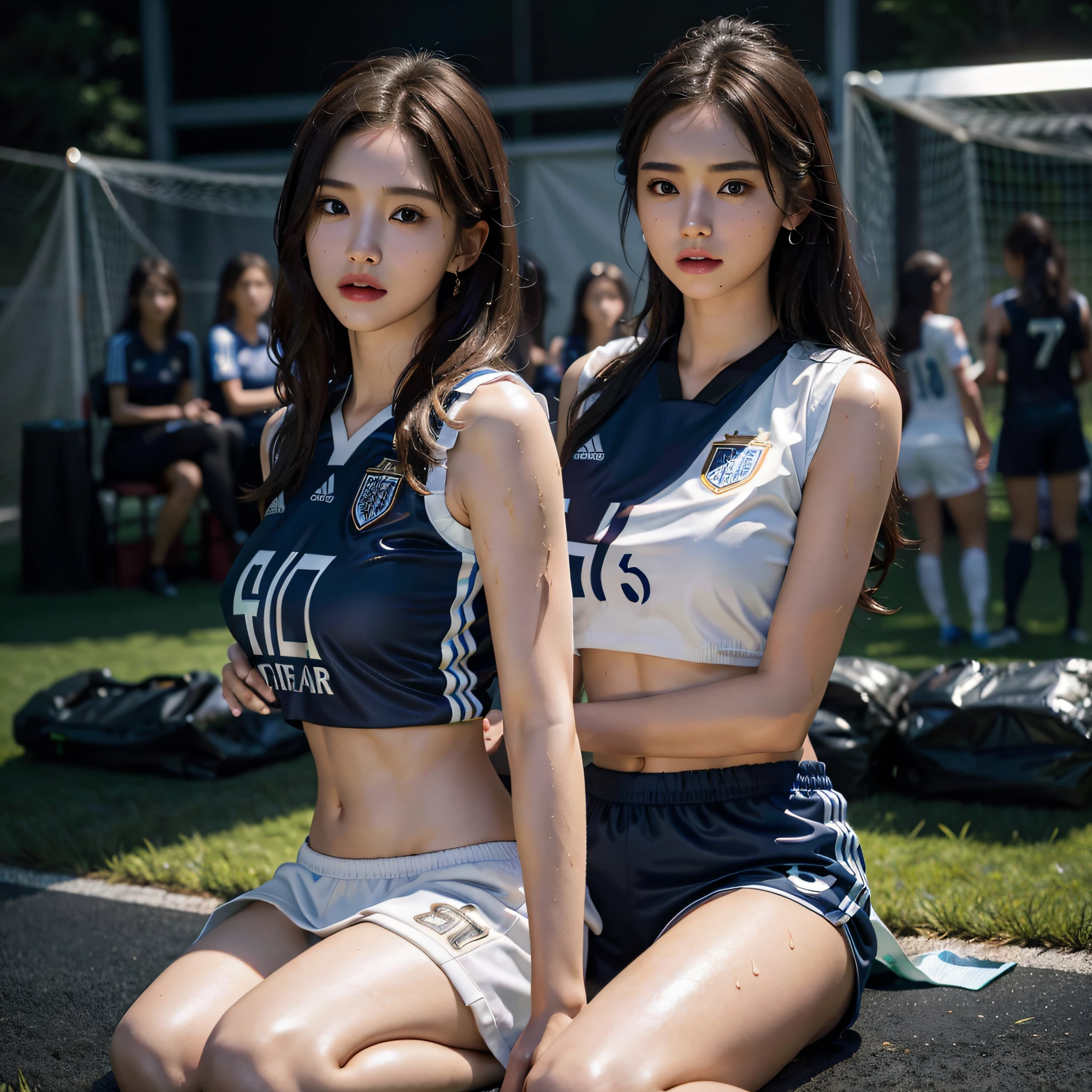 absurdres, RAW photo, extremely delicate and beautiful, masterpiece, Best Quality, ultra high resolution, 16k, hyperrealistic, ultra-detailed, Very detailed CG 8k wallpaper, Beautiful Lighting, Perfect Lightning, Realistic Shadows, perfect anatomy, super Detailed skin, perfect figure, Japanese woman, late 20s, very Slim body, narrow waist, very small head, handsome detailed woman, very detailed eyes and face, realistic face proportions, Stunning detailed eyes, Realistic beautiful face, very small face, Realistic small beautiful eyes, double eyelids, makeup, tearful mole, mole on chest, earring, bare legs, beautiful and very thin legs, beautiful and very thin thighs, (((very huge round breasts))), (((full body shot))), (((short hair))), (wavy hair), (((soccer Jersey))), (((midriff peek))), (((sleeveless))), (((((2 girls))))), (((Turf Ground))), (sweat), (crowd),