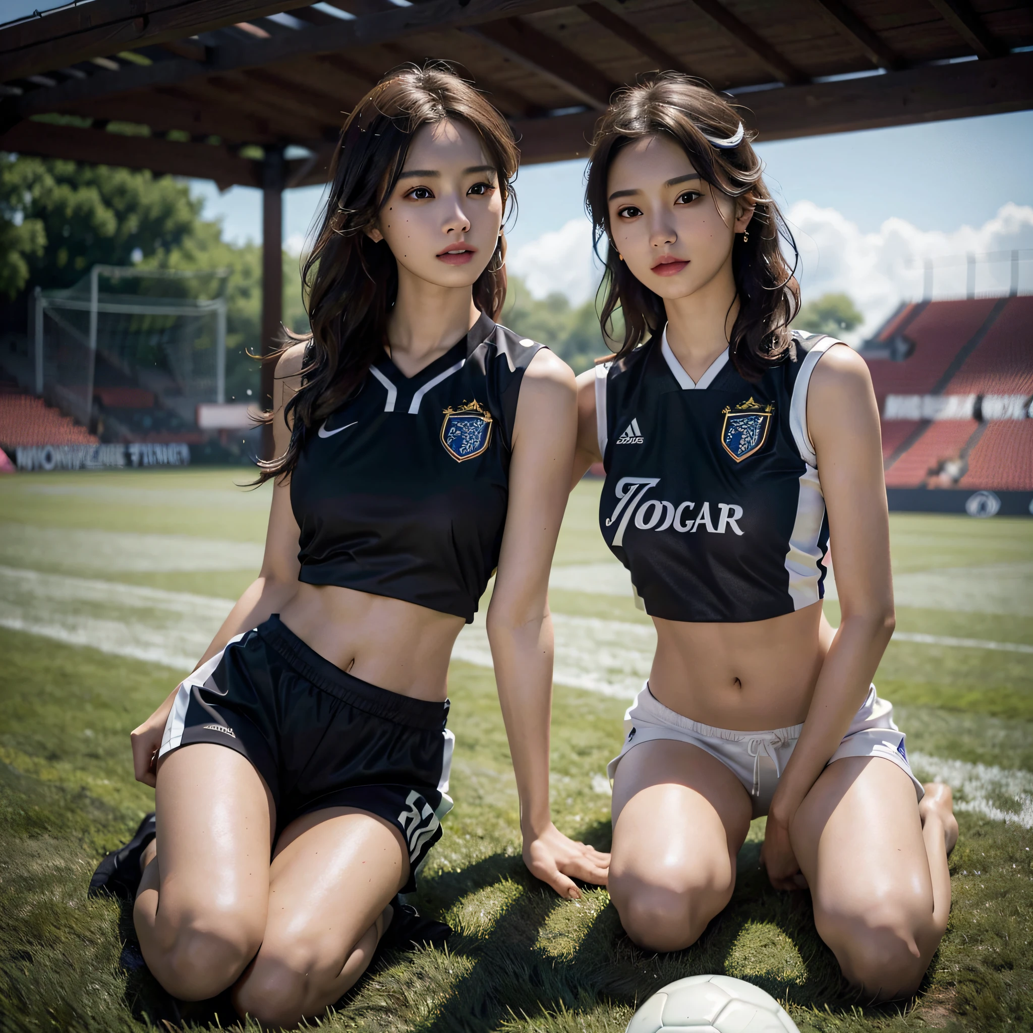 absurdres, RAW photo, extremely delicate and beautiful, masterpiece, Best Quality, ultra high resolution, 16k, hyperrealistic, ultra-detailed, Very detailed CG 8k wallpaper, Beautiful Lighting, Perfect Lightning, Realistic Shadows, perfect anatomy, super Detailed skin, perfect figure, Japanese woman, late 20s, very Slim body, narrow waist, very small head, handsome detailed woman, very detailed eyes and face, realistic face proportions, Stunning detailed eyes, Realistic beautiful face, very small face, Realistic small beautiful eyes, double eyelids, makeup, tearful mole, mole on chest, earring, bare legs, beautiful and very thin legs, beautiful and very thin thighs, (((very huge round breasts))), (((full body shot))), ((short hair)), wavy hair, (((soccer Jersey))), (((midriff peek))), (((sleeveless))), (((((2 girls))))), (((Turf Ground))), (wet), (crowd),