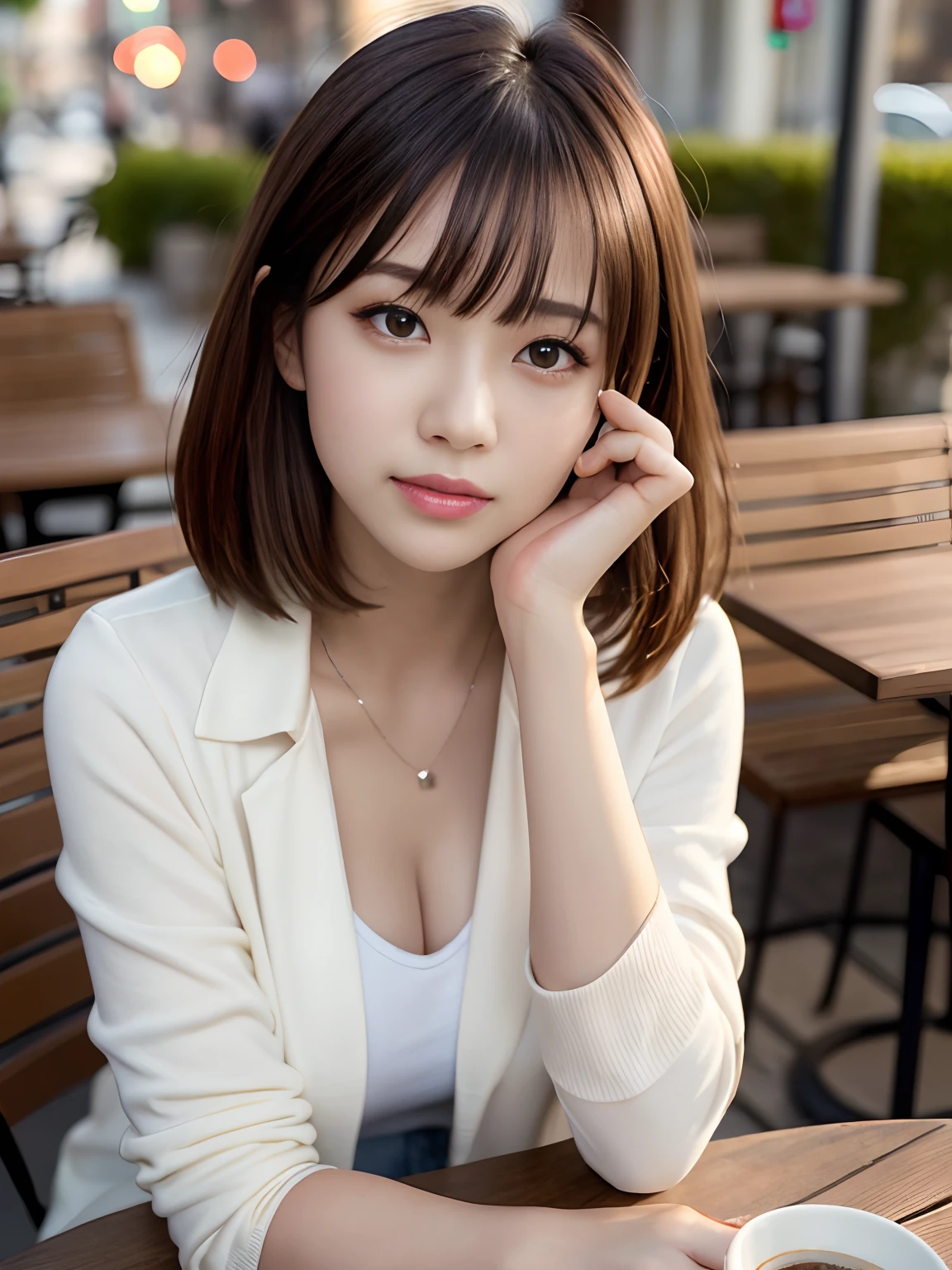 Product quality, 1 girl, Cowboy shot, Front view, a Japanese young pretty girl, Long Bob hair, Wear a wedding ring, Sit in a chair in front of an outdoor café table,The smile is bright, Coffee mug and toast on the table, In collared satin silk white shirt jacket a light yellow long cardigan, Wearing light brown long jeans, hyper cute face, Glossy lips, double eyelids for both eyes, Natural makeup, Shiny smooth light brown hair,Long Bob hair, Asymmetrical bangs, Tanned skin, high resolution, High detail, Detailed hairstyle, Detailed face, Cinematic lighting, Octane rendering, Ultra photo realsisim, Perfect limbs, Perfect anatomy