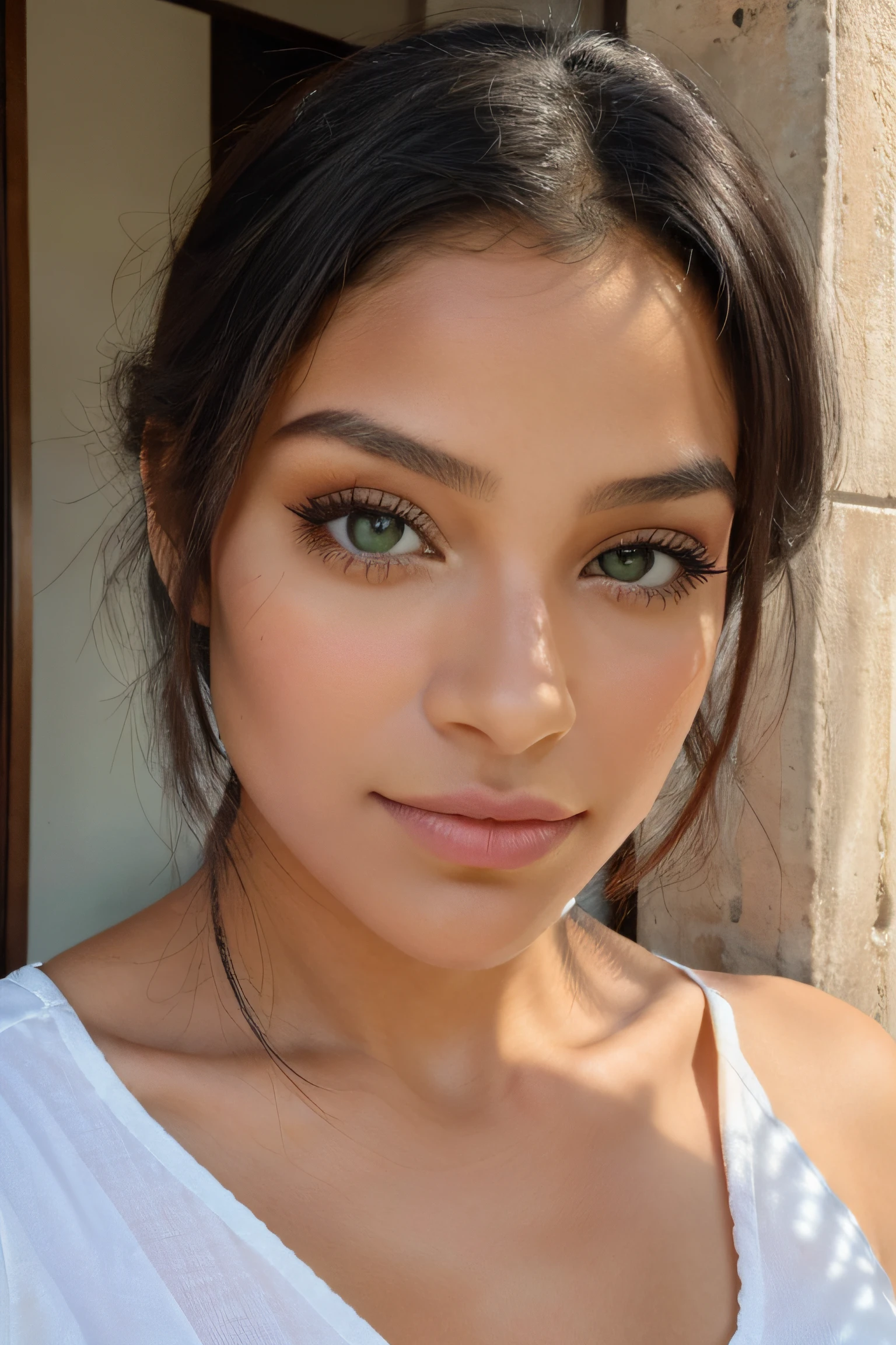 visage femme Latina, trais fin, bouche pulpeuse, yeux vert, regardant de face, pommettes, beautiful woman