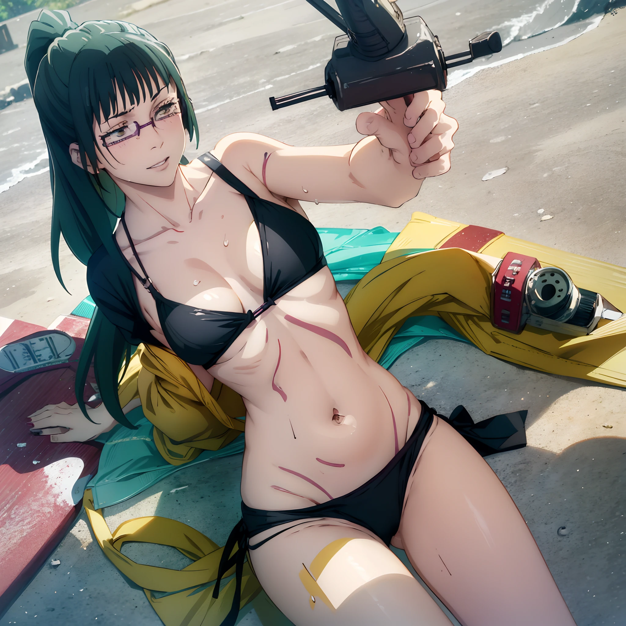 realistic, selfie, 1girl, green hair, yellow eyes, parted lips, blush, makeup, light smile, black bikini, beach, sweat, wet, light rays, glow, thighs, collarbone, narrow waist, (masterpiece), wallpaper, round glasses