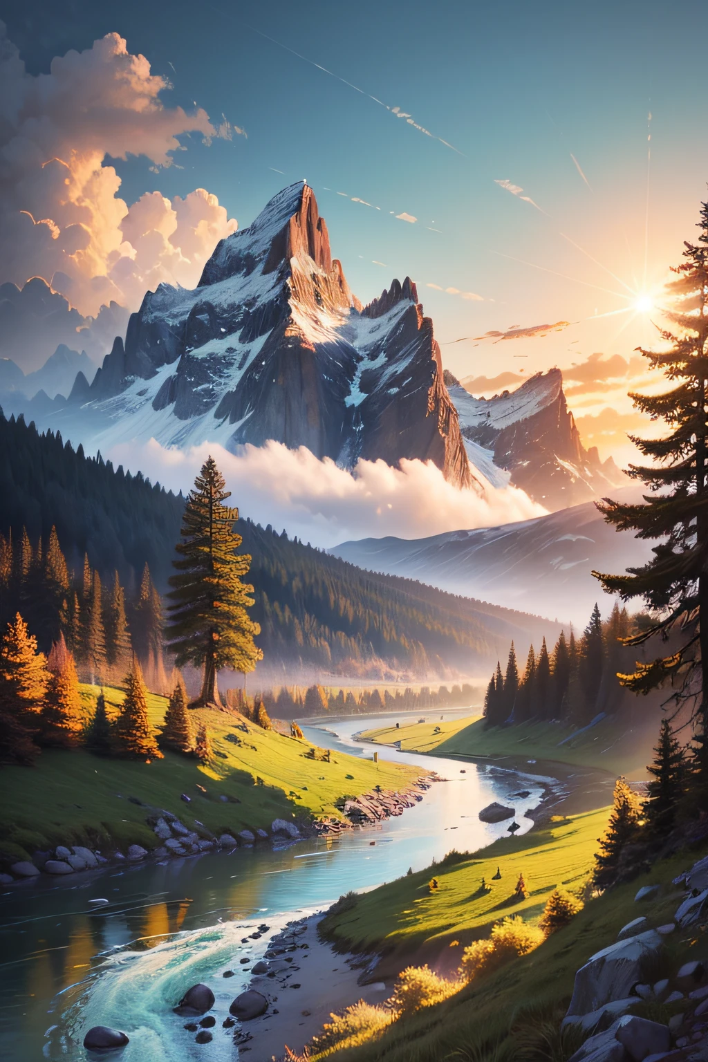 detailed background, masterpiece, top quality, landscape, mountain, river, forest, sun, day, cloud