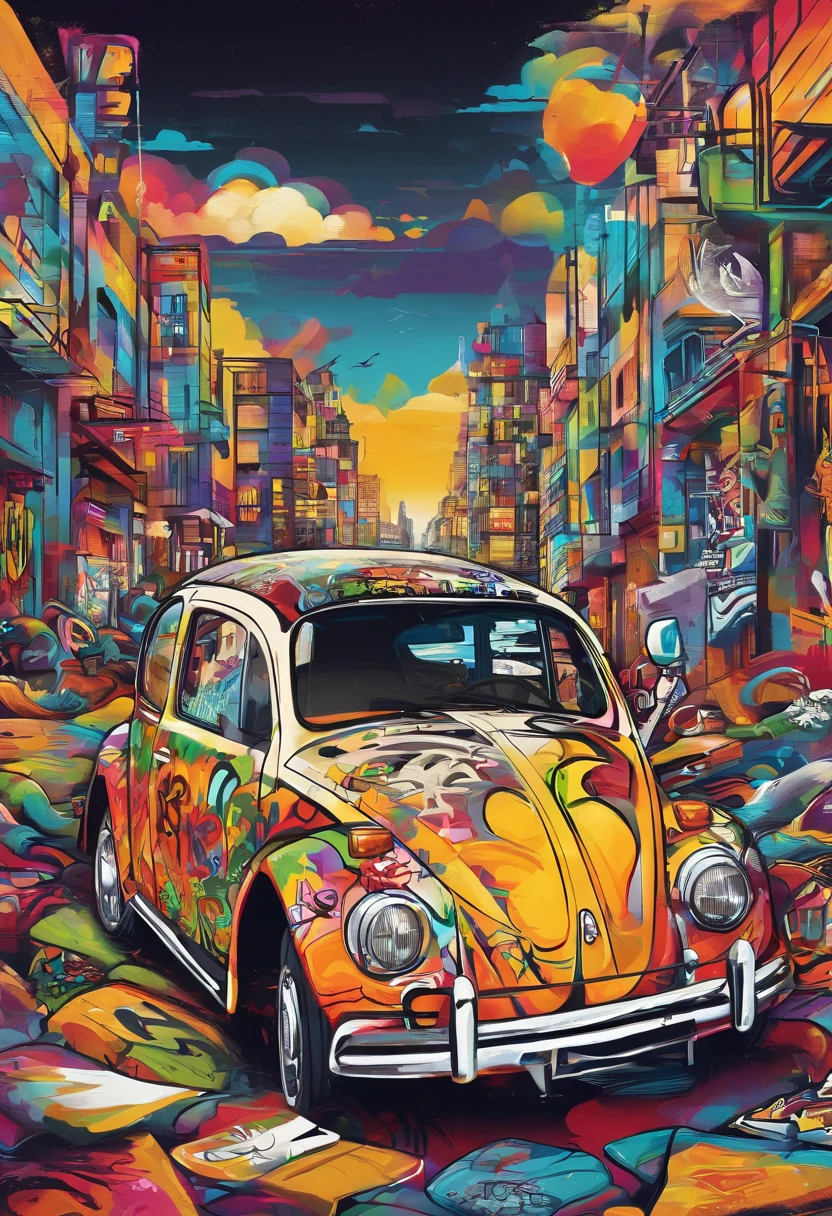 Fusca estilo Rat Look, para do em uma rua, suja, grafity, imagem completa, High resolution high contrast