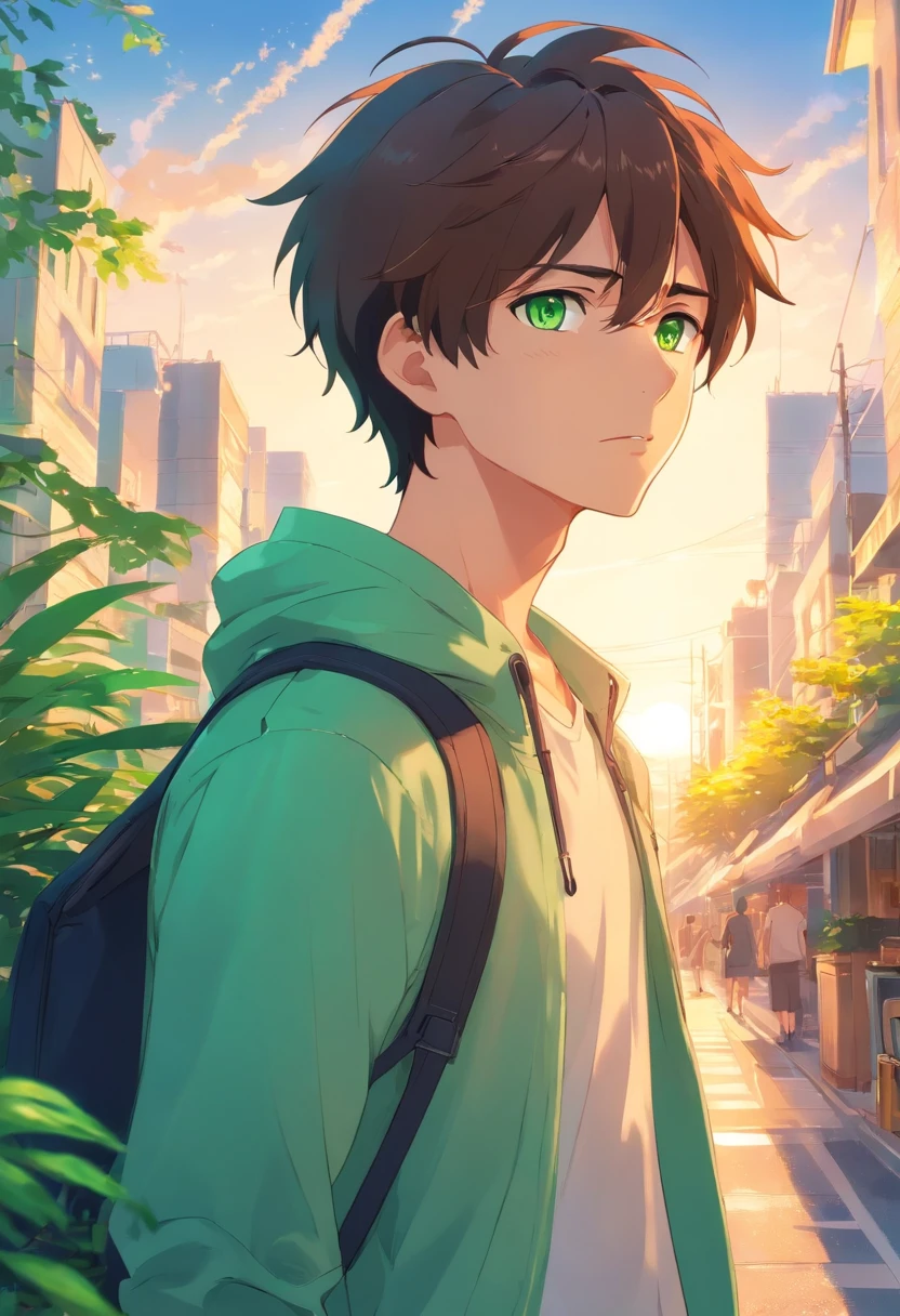 handsome young man with bright green eyes, midsummer,