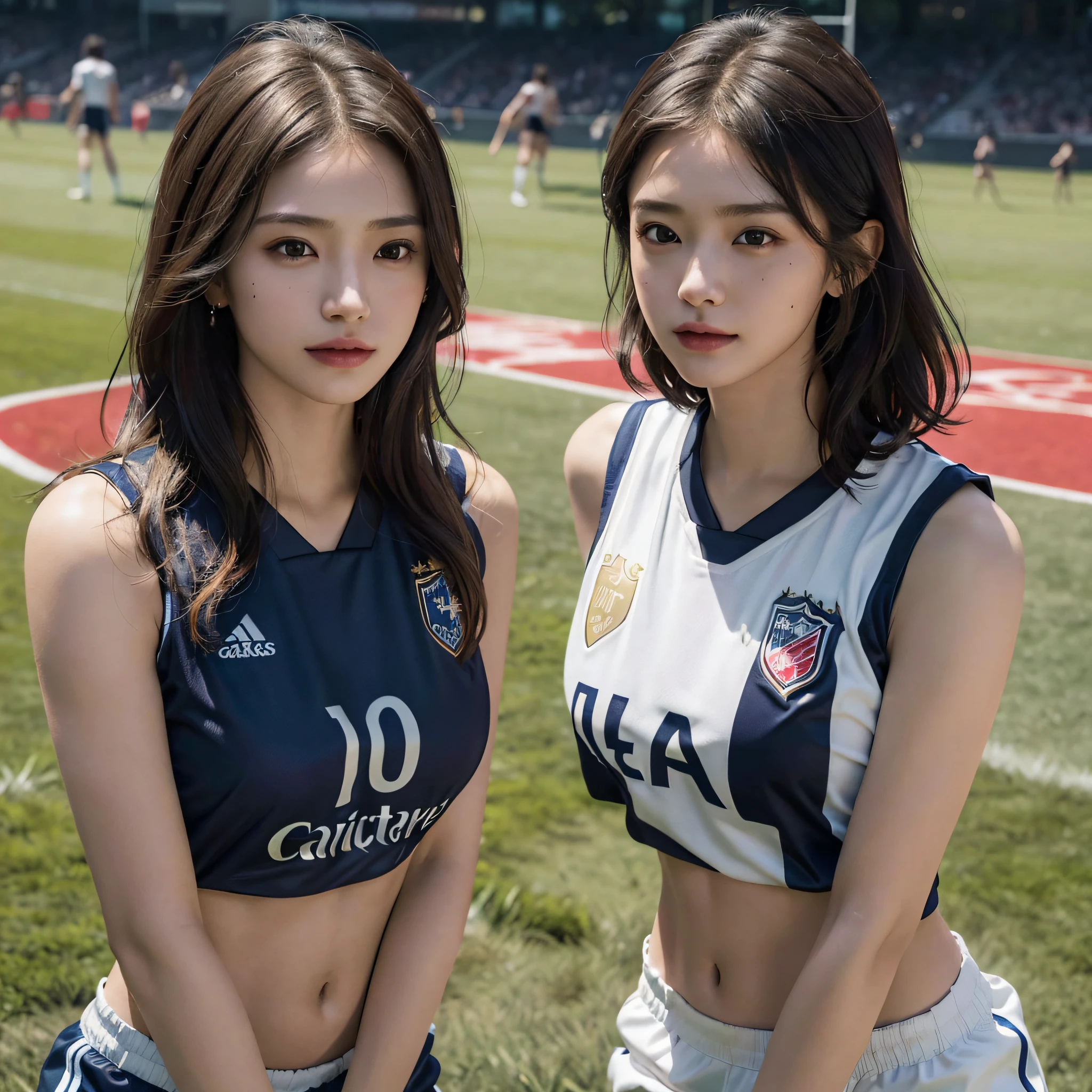 absurdres, RAW photo, extremely delicate and beautiful, masterpiece, Best Quality, ultra high resolution, 16k, hyperrealistic, ultra-detailed, Very detailed CG 8k wallpaper, Beautiful Lighting, Perfect Lightning, Realistic Shadows, perfect anatomy, super Detailed skin, perfect figure, Japanese woman, late 20s, very Slim body, narrow waist, very small head, handsome detailed woman, very detailed eyes and face, realistic face proportions, Stunning detailed eyes, Realistic beautiful face, very small face, Realistic small beautiful eyes, double eyelids, makeup, tearful mole, mole on chest, earring, bare legs, beautiful and very thin legs, beautiful and very thin thighs, (((very huge round breasts))), (((full body shot))), (((short hair))), (wavy hair), (((soccer Jersey))), (((midriff peek))), (((sleeveless))), (((((2 girls))))), (((Turf Ground))), (sweat), (crowd),