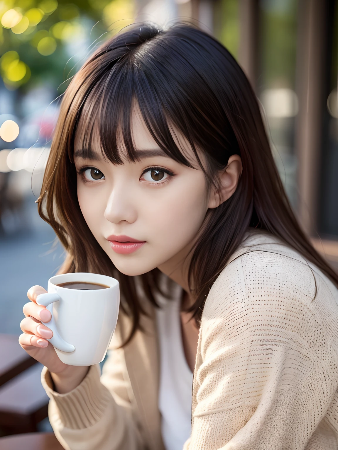 Product quality, 1 girl, Cowboy shot, Front view, a Japanese young pretty girl, Long Bob hair, Wear a wedding ring, Sit in a chair in front of an outdoor café table,The smile is bright, Coffee mug and toast on the table, In collared satin silk white shirt jacket a light yellow long cardigan, Wearing light brown long jeans, hyper cute face, Glossy lips, double eyelids for both eyes, Natural makeup, Shiny smooth light brown hair,Long Bob hair, Asymmetrical bangs, Tanned skin, high resolution, High detail, Detailed hairstyle, Detailed face, Cinematic lighting, Octane rendering, Ultra photo realsisim, Perfect limbs, Perfect anatomy