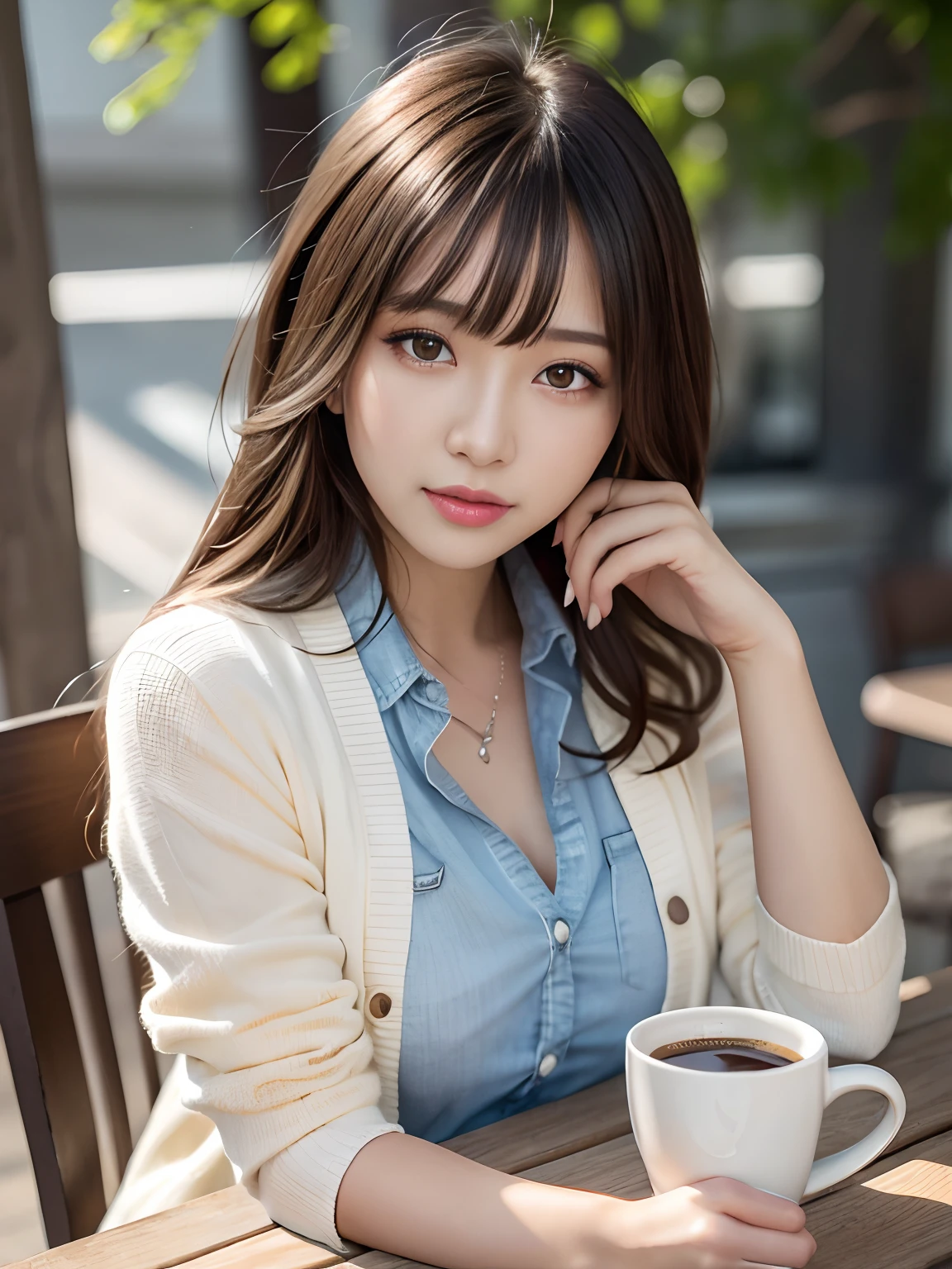 Product quality, 1 girl, Cowboy shot, Front view, a Japanese young pretty girl, Long Bob hair, Wear a wedding ring, Sit in a chair in front of an outdoor café table,The smile is bright, Coffee mug and toast on the table, In collared satin silk white shirt jacket a light yellow long cardigan, Wearing light brown long jeans, hyper cute face, Glossy lips, double eyelids for both eyes, Natural makeup, Shiny smooth light brown hair,Long Bob hair, Asymmetrical bangs, Tanned skin, high resolution, High detail, Detailed hairstyle, Detailed face, Cinematic lighting, Octane rendering, Ultra photo realsisim, Perfect limbs, Perfect anatomy