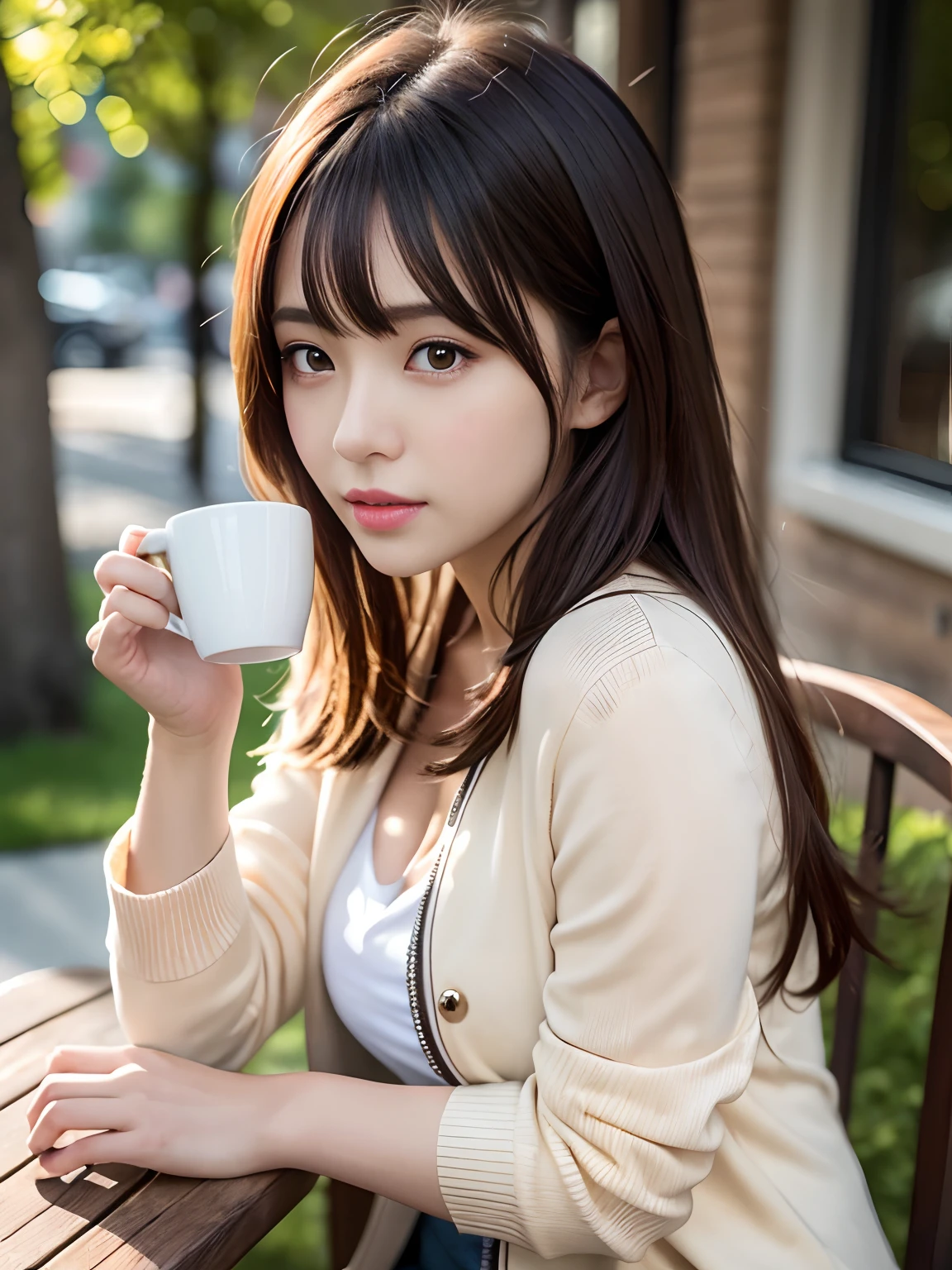 Product quality, 1 girl, Cowboy shot, Front view, a Japanese young pretty girl, Long Bob hair, Wear a wedding ring, Sit in a chair in front of an outdoor café table,The smile is bright, Coffee mug and toast on the table, In collared satin silk white shirt jacket a light yellow long cardigan, Wearing light brown long jeans, hyper cute face, Glossy lips, double eyelids for both eyes, Natural makeup, Shiny smooth light brown hair,Long Bob hair, Asymmetrical bangs, Tanned skin, high resolution, High detail, Detailed hairstyle, Detailed face, Cinematic lighting, Octane rendering, Ultra photo realsisim, Perfect limbs, Perfect anatomy