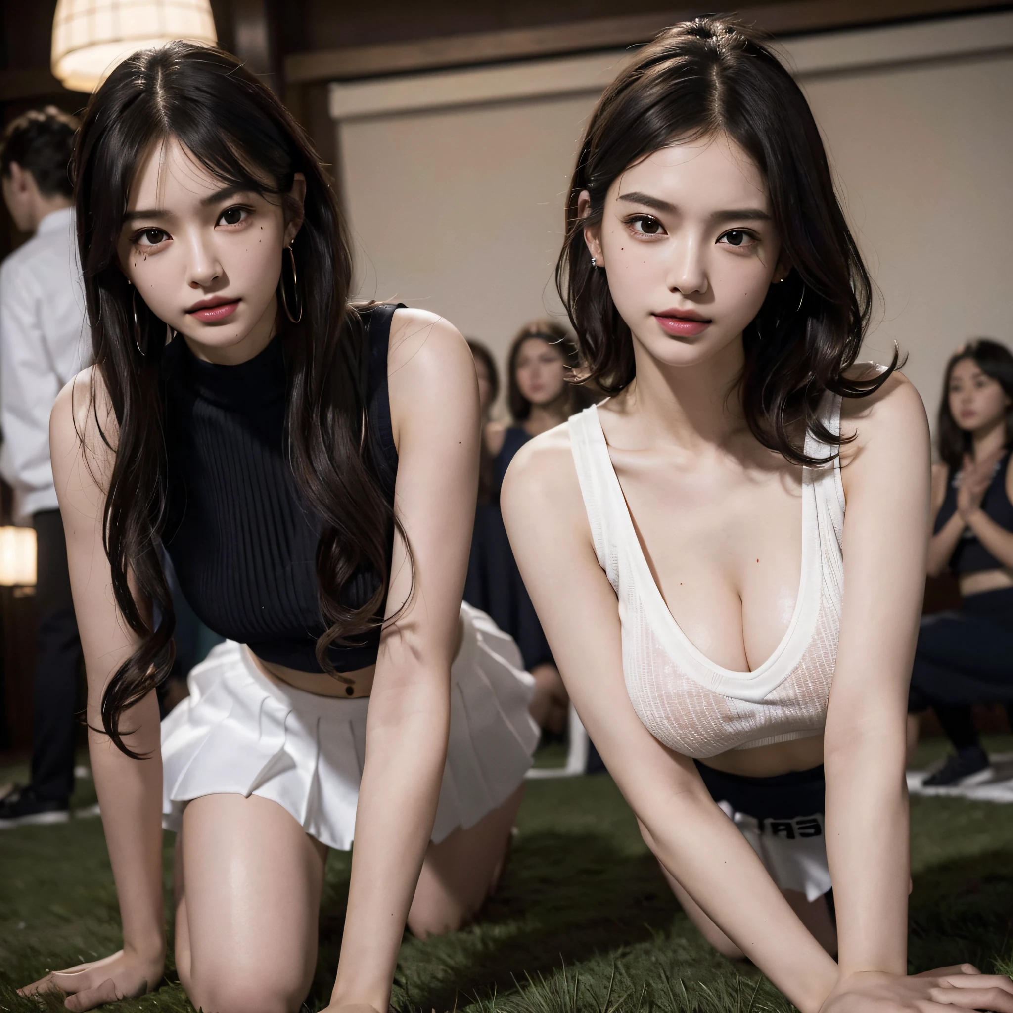absurdres, RAW photo, extremely delicate and beautiful, masterpiece, Best Quality, ultra high resolution, 16k, hyperrealistic, ultra-detailed, Very detailed CG 8k wallpaper, Beautiful Lighting, Perfect Lightning, Realistic Shadows, perfect anatomy, super Detailed skin, perfect figure, Japanese woman, late 20s, very Slim body, narrow waist, very small head, handsome detailed woman, very detailed eyes and face, realistic face proportions, Stunning detailed eyes, Realistic beautiful face, very small face, Realistic small beautiful eyes, double eyelids, makeup, tearful mole, mole on chest, earring, bare legs, beautiful and very thin legs, beautiful and very thin thighs, (((very huge round breasts))), (((full body shot))), (((short hair))), (((wavy hair))), (((cheerleader unifrom))), (((midriff peek))), (((sleeveless))), (((((2 girls))))), (((Turf Ground))), ((sweat)), (((crowd))),