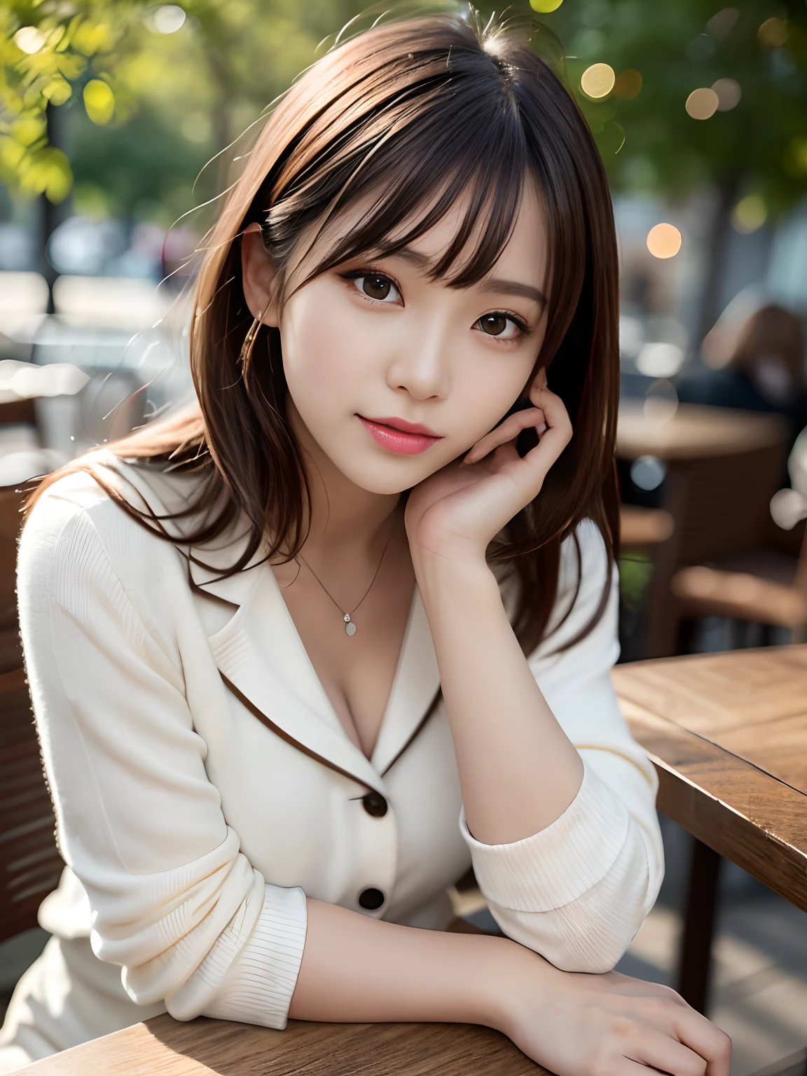 Product quality, 1 girl, Cowboy shot, Front view, a Japanese young pretty girl, Long Bob hair, Wear a wedding ring, Sit in a chair in front of an outdoor café table,The smile is bright, Coffee mug and toast on the table, In collared satin silk white shirt jacket a light yellow long cardigan, Wearing light brown long jeans, hyper cute face, Glossy lips, double eyelids for both eyes, Natural makeup, Shiny smooth light brown hair,Long Bob hair, Asymmetrical bangs, Tanned skin, high resolution, High detail, Detailed hairstyle, Detailed face, Cinematic lighting, Octane rendering, Ultra photo realsisim, Perfect limbs, Perfect anatomy