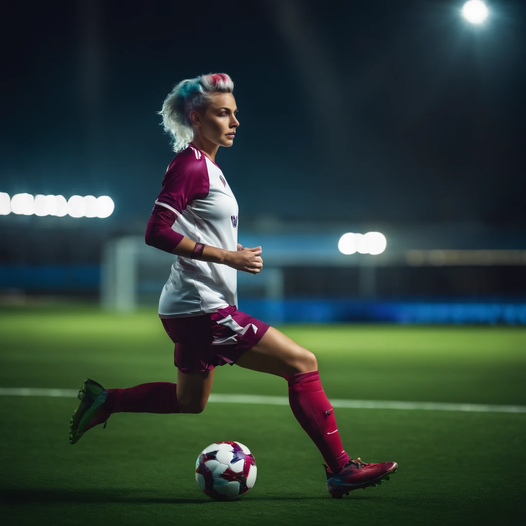 female beautiful soccer player with colorful hairstyle, futuristic material clothes, futuristic stadium background, ultra detailed, photo realism, dreamlike lighting, magical photography, dramatic lighting, photo realism, ultra-detailed, 33mm, f 1.2, --testp
