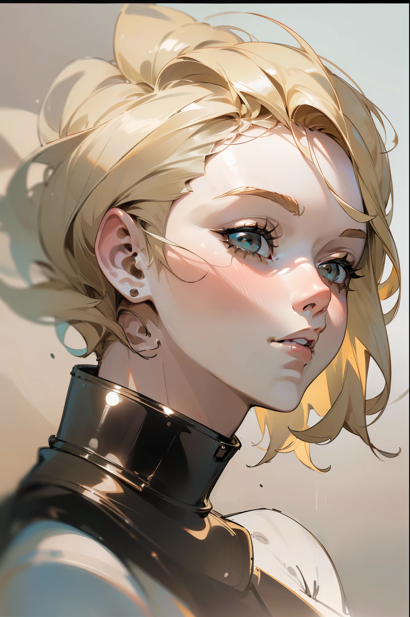 fantasy-style, fantasy, 1 girl, alone, detailed头发, long white hair, teardrop, Critical hit rate, Critical hit rate with eyes open, jacket, red open lips, blue eyes, upper part of body, white background with, zipper, Fluttering, blonde hair, background with, black jacket, teeth,, look away, , shirt, eyelash, through bangs, open lips, messy hair, long sleeves, clavicle, Boss, white hair, wind, , look next to (high resolution), 8K, detailed, ambient light, The art of math, soft light, (Hyper-detailed Background:1.2), messy hair, (mature face:1.4), (pretty face:1.15), (((masterpiece))), (best quality), (( a perfect face)), very deep eyeovie lighting), delicate eyes, best quality, realistic background with, high resolution, (complex details), detailed手指, The very detailed, complex, Award-winning, ultra - detailed, hard lighting, complex details, eye focus, (Enlightenment:1.1), high resolution, Hot topics on artstation