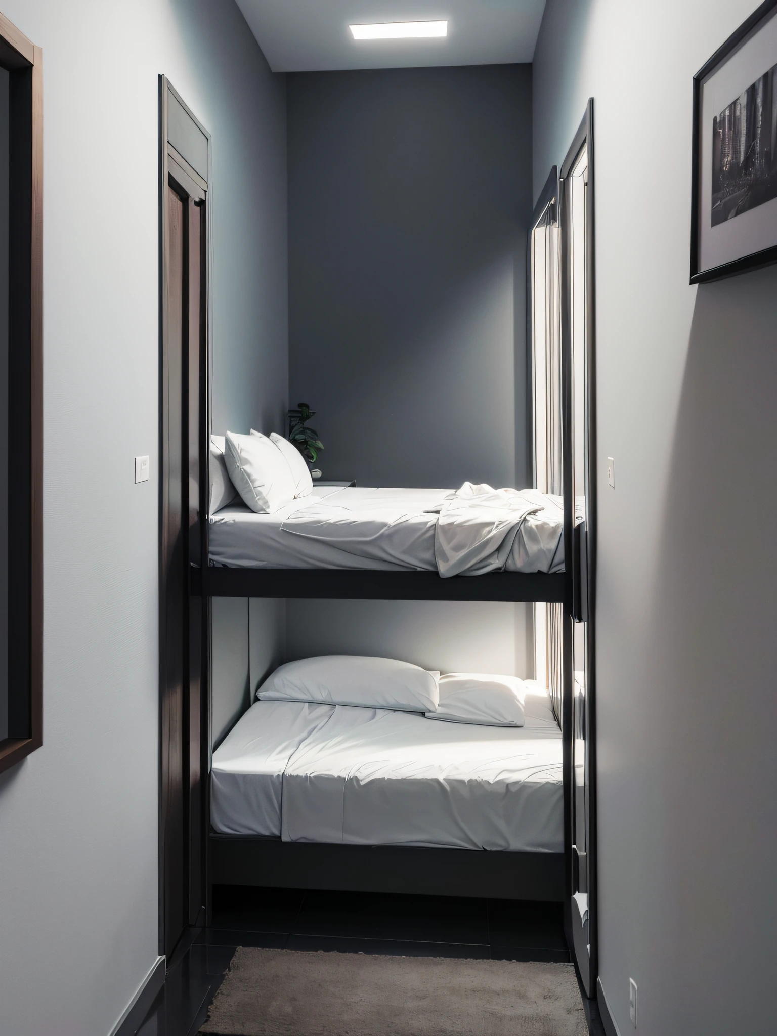 Quarto de soleiro, quarto moderno, parede frontal, cama de lado, Dark carpet on the floor, parede cinza escura, piso preto, quarto minimalista, photographic, hiperrealista, undecorated wall