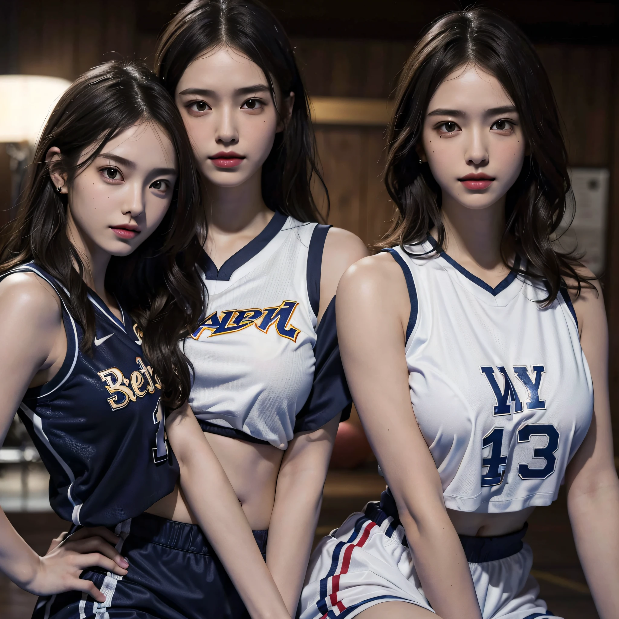 absurdres, RAW photo, extremely delicate and beautiful, masterpiece, Best Quality, ultra high resolution, 16k, hyperrealistic, ultra-detailed, Very detailed CG 8k wallpaper, Beautiful Lighting, Perfect Lightning, Realistic Shadows, perfect anatomy, super Detailed skin, perfect figure, Japanese woman, late 20s, very Slim body, narrow waist, very small head, handsome detailed woman, very detailed eyes and face, realistic face proportions, Stunning detailed eyes, Realistic beautiful face, very small face, Realistic small beautiful eyes, double eyelids, makeup, tearful mole, mole on chest, earring, bare legs, beautiful and very thin legs, beautiful and very thin thighs, (((very huge round breasts))), (((full body shot))), (((short hair))), (((wavy hair))), (((basketball uniform))), (((midriff peek))), (((sleeveless))), (((((2 girls))))), (crowd), (((muscle))),