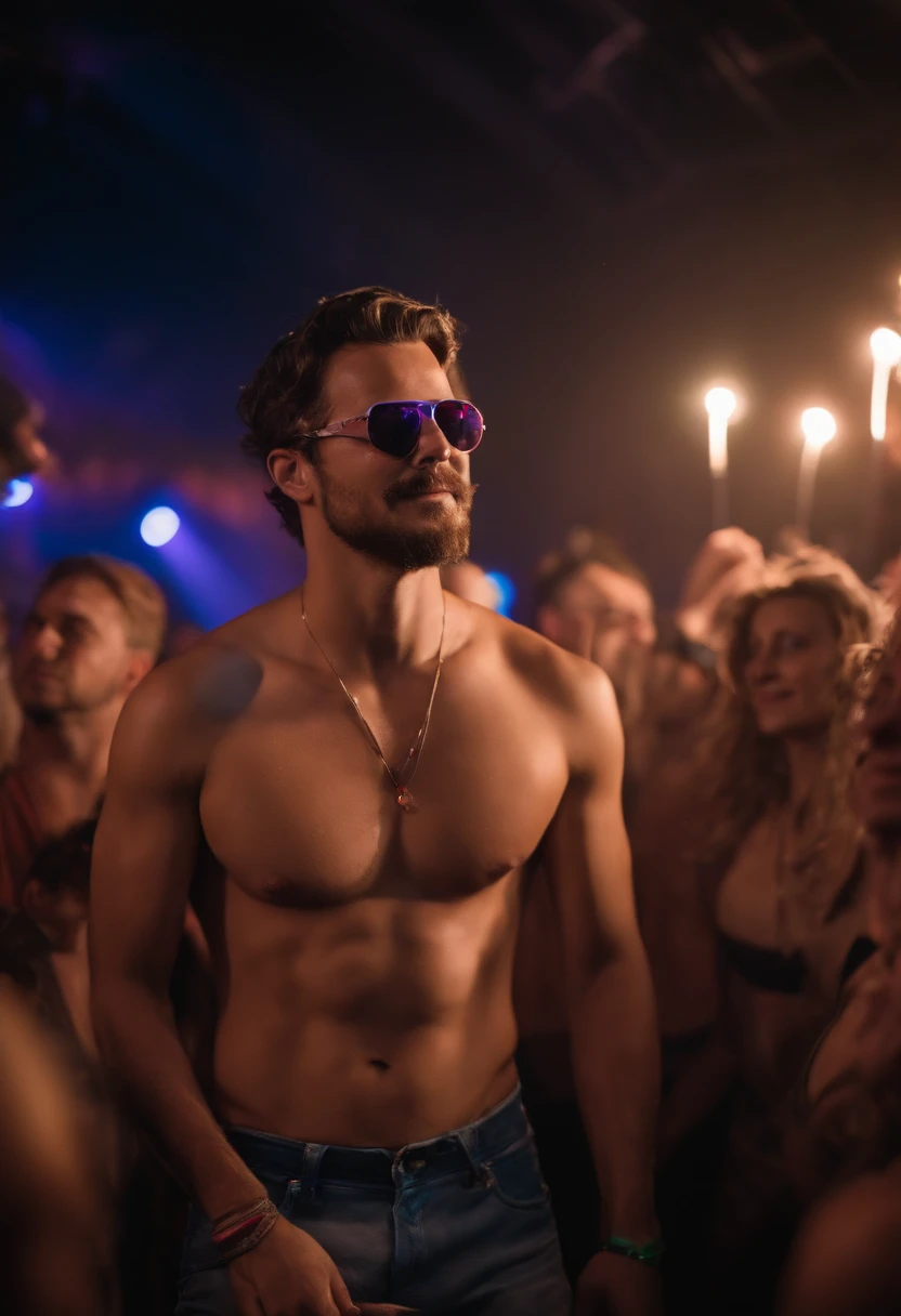 man aged 26, shirtless, in shorts, goatee, at a rave party, other people on the set, lights, stage, wearing Oakley Juliet glasses, looking directly at the camera, image below. realistic, ultra hd, 8k