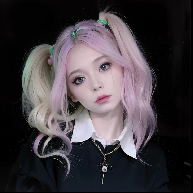 um close up de uma pessoa com um cabelo rosa e uma camisa preta, pastel goth aesthetic, goth girl aesthetic, pastel gothic, cabelo loiro com rabo de porco, penteado pigtails, dois penteados pigtails, Ela parece uma mistura de Grimes, extremely pale blond hair, pale goth beauty, pale skin and purple eyes, messy curly pastel hair, cara bonito. fantasia sombria