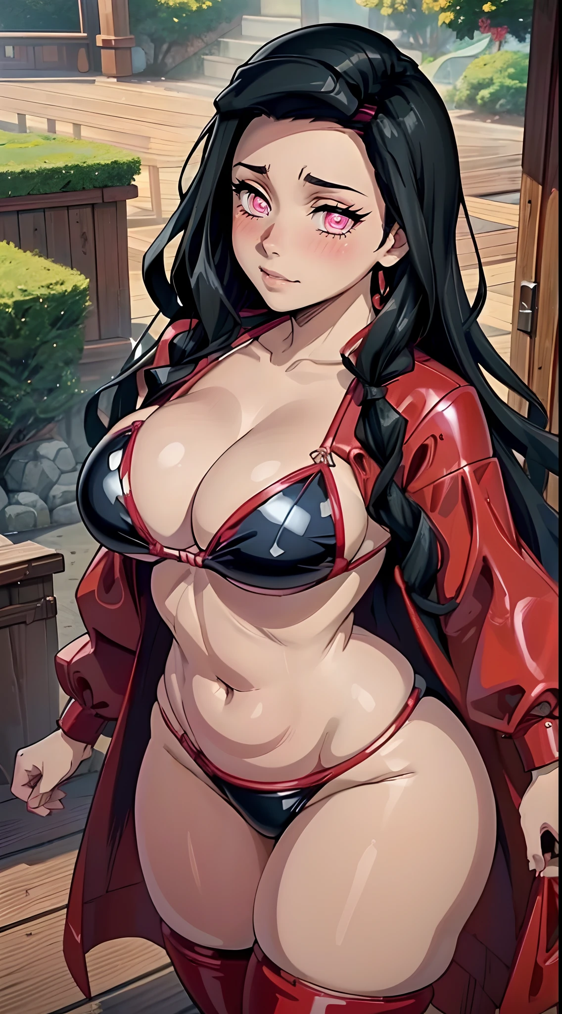 (melhor qualidade:1.3), (qualidade 4K), Nezuko Kamado por demon slayer, ((Rosto detalhado)), ((body curvy)), (peitos grandes), clivagem, sexy, ((bikini latex neckline)), ((deck))