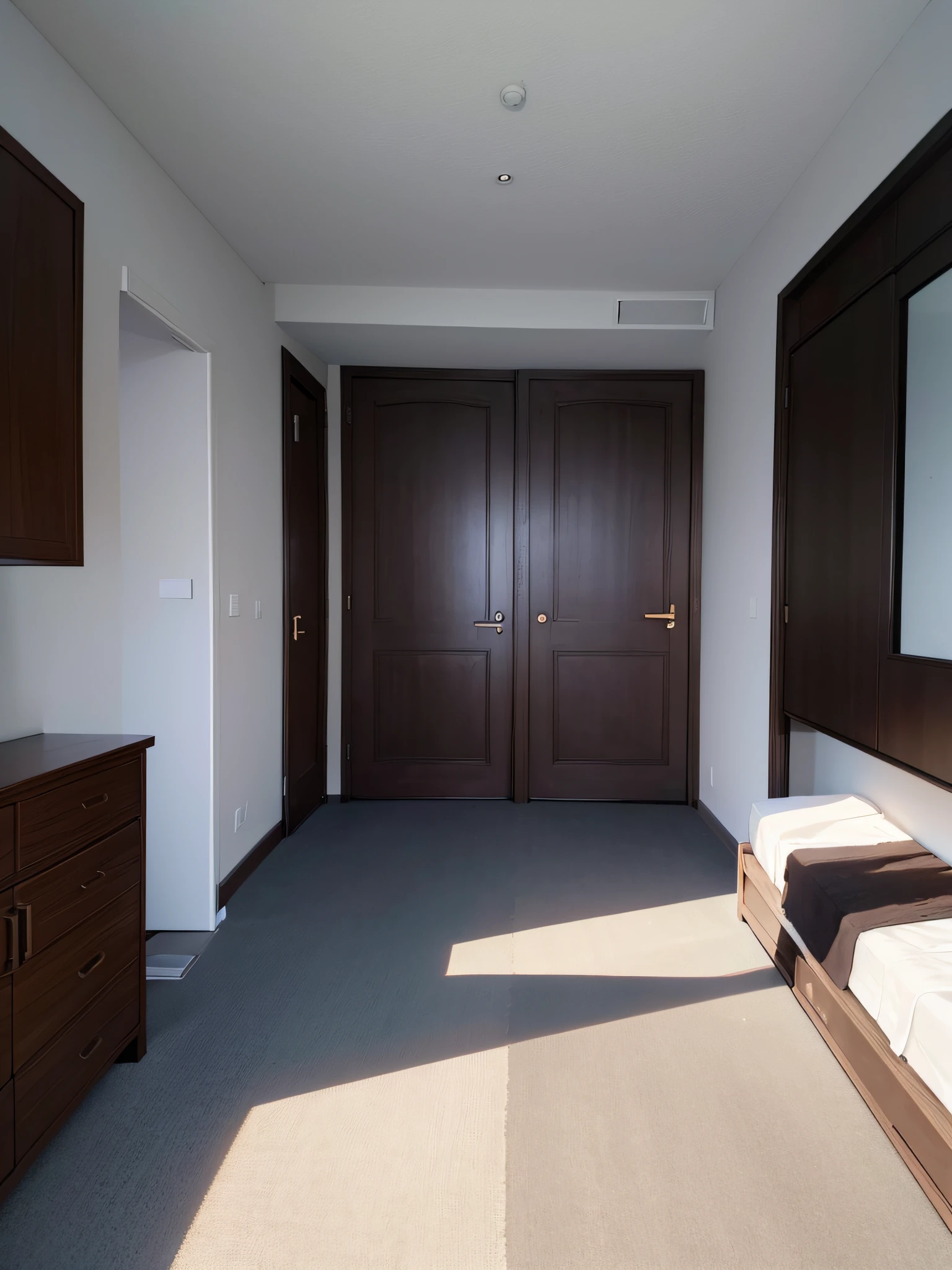 Quarto de soleiro, quarto moderno, parede frontal, cama de lado, Dark carpet on the floor, parede cinza escura, piso preto, quarto minimalista, photographic, hiperrealista, undecorated wall