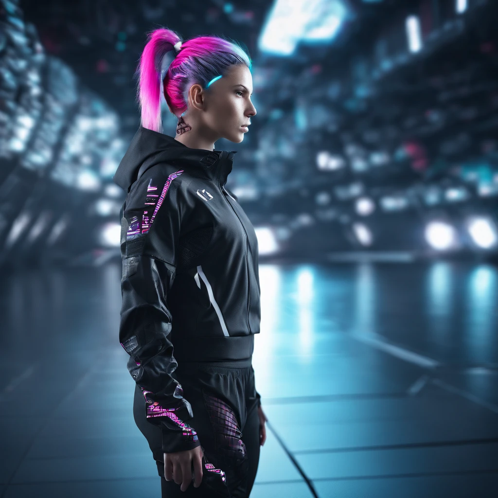 female beautiful soccer player with colorful hairstyle, futuristic material clothes, futuristic stadium background, ultra detailed, photo realism, dreamlike lighting, magical photography, dramatic lighting, photo realism, ultra-detailed, 33mm, f 1.2, --testp