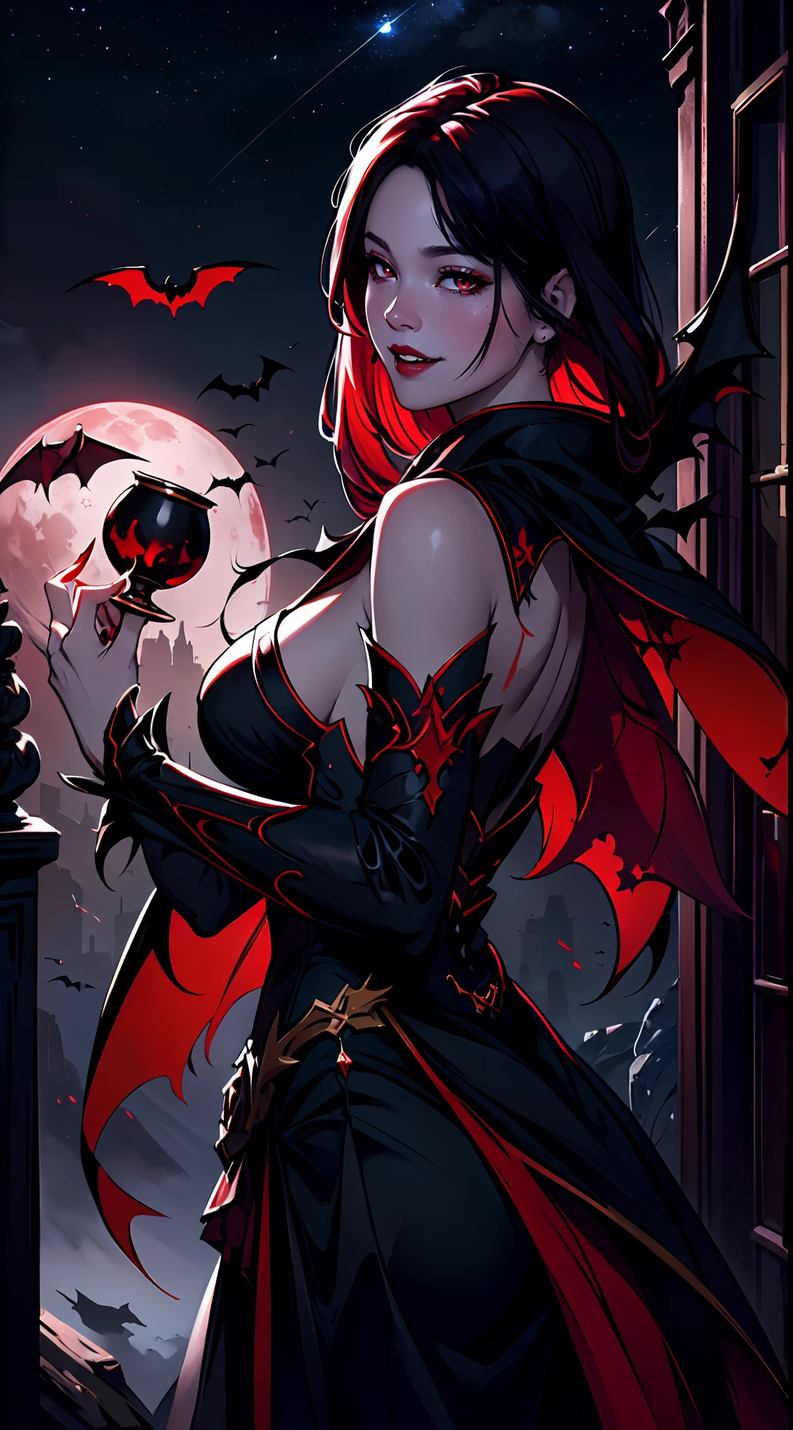 A delicate and beautiful picture of a female vampire standing on the porch of a castle under the stars, holding a cup of redwine（Wearing a white dress with blood:1.5），take up close, Dynamic angle super delicate face, and there is blood on the corners of your mouth，Hyper-feminine, gray colored skin, Red hair, (A charming smile:1.5)，dark red lips，The eyes glow red and glowing, , long black cape, star filled sky background, Moon, Bats fly around, High details, Best quality, 8K, Masterpiece, Best quality, (Ultra detailed), Photorealism, dark fantasy art