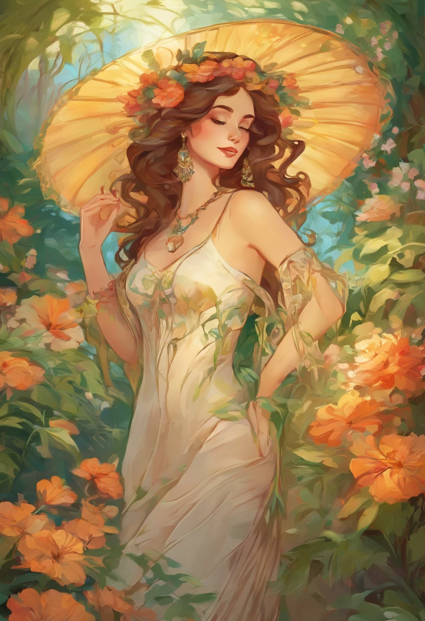 lush garden, oil painting, sunlight streaming through the leaves, vibrant flowers, tall grass swaying in the breeze, detailed facial features, confident smile, stylish attire, relaxed pose, warm color palette, masterful brushstrokes, high resolution, realistic rendering, dynamic lighting.