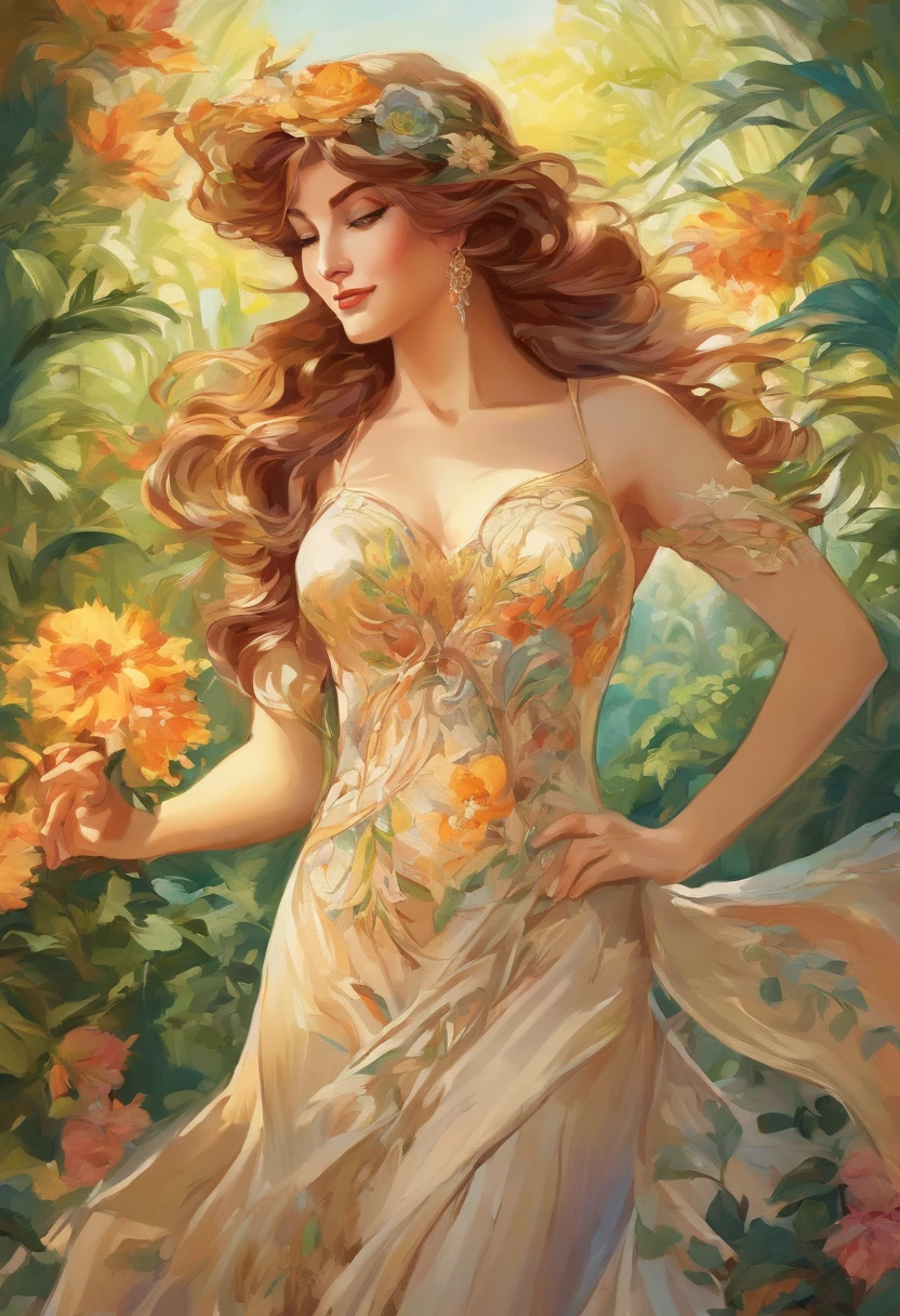 lush garden, oil painting, sunlight streaming through the leaves, vibrant flowers, tall grass swaying in the breeze, detailed facial features, confident smile, stylish attire, relaxed pose, warm color palette, masterful brushstrokes, high resolution, realistic rendering, dynamic lighting.