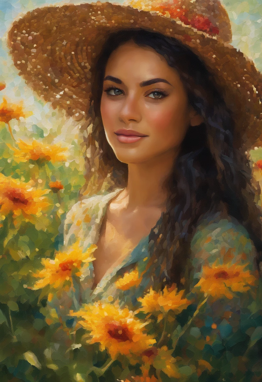 lush garden, oil painting, sunlight streaming through the leaves, vibrant flowers, tall grass swaying in the breeze, detailed facial features, confident smile, stylish attire, relaxed pose, warm color palette, masterful brushstrokes, high resolution, realistic rendering, dynamic lighting.