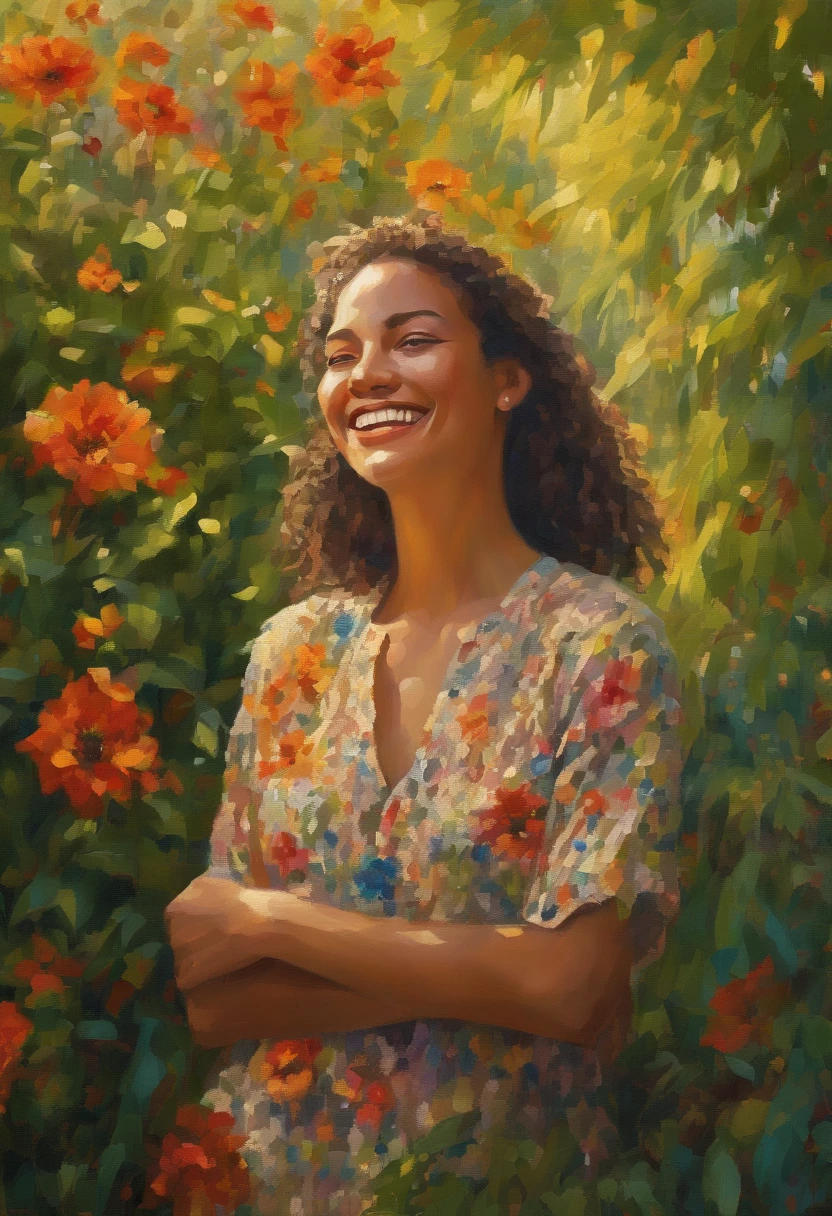 lush garden, oil painting, sunlight streaming through the leaves, vibrant flowers, tall grass swaying in the breeze, detailed facial features, confident smile, stylish attire, relaxed pose, warm color palette, masterful brushstrokes, high resolution, realistic rendering, dynamic lighting.