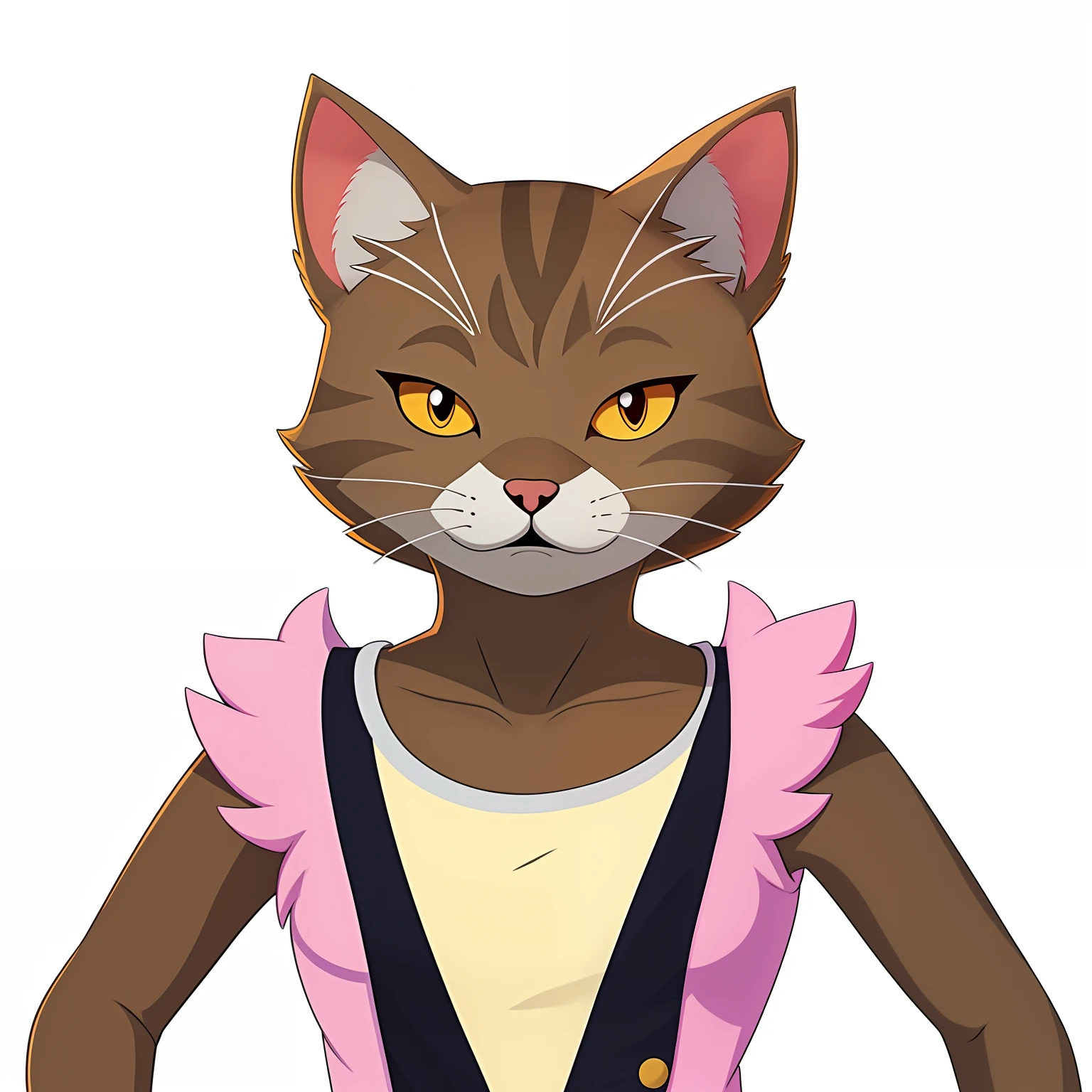 There is a cat with a shirt and a shirt, anthropomorphic female cat, Avatar da parte superior do corpo, Woman / cat hybrid, the cat is orange, human cat hybrid, menina gato atraente, sem linha, gatinha, um gato antro, Avatar do jogo 2D do corpo superior, anthropomorphic cat, Gato Anime, gatinha jovem bonita