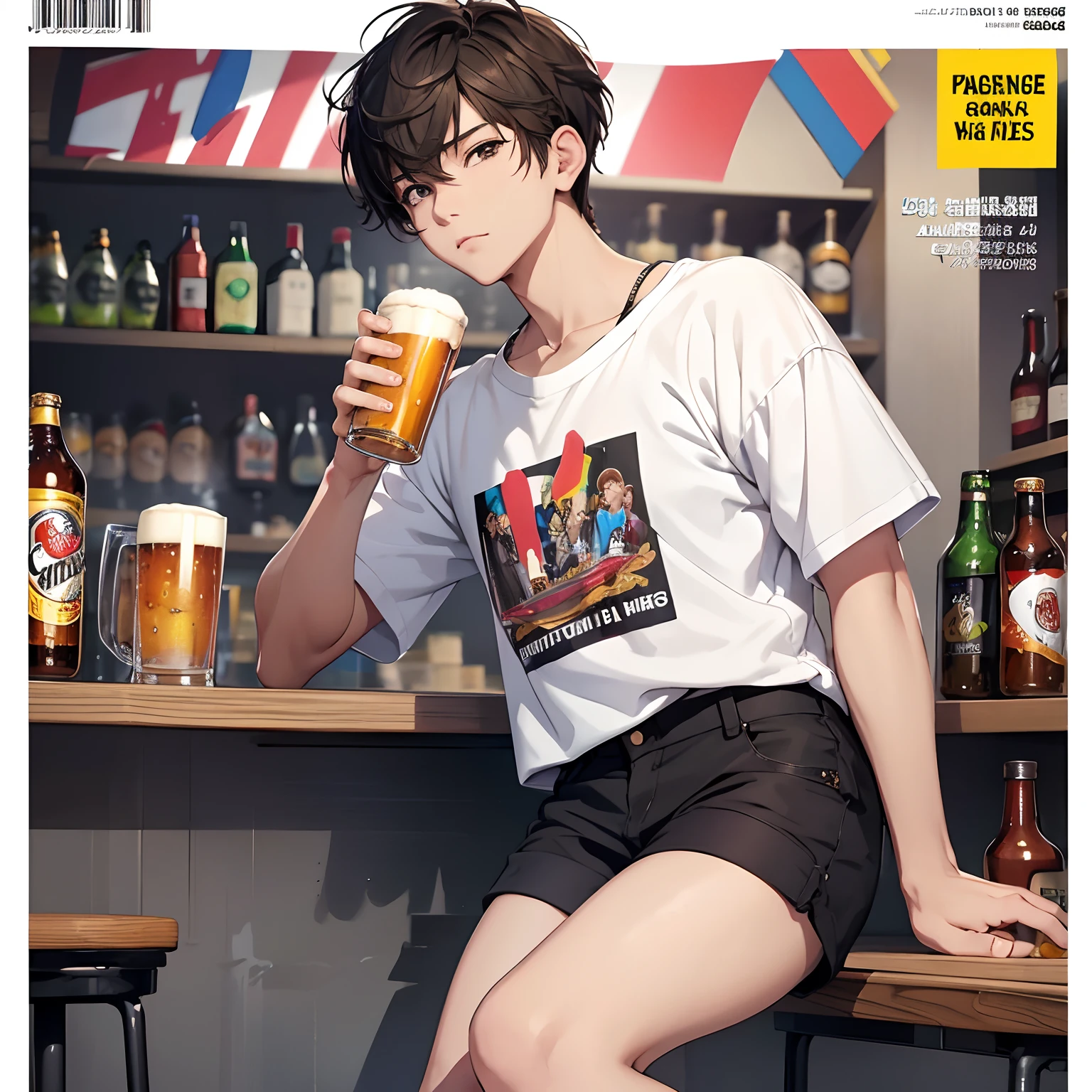 最high quality、best image quality、masterpiece、male((20-year-old、 By becoming、wide open breast tea、輝くeye, blonde、shortcut、Wristband、stubble、muscular、eye、sunglasses、full body tattoo、smile、holding beer bottles、barテンダーの衣装)),high quality、beautiful art、background((Tokyo,bar))、Flight、debris flies、Depth of written boundary、movie、visual art、perfect art、8k,genuine、
