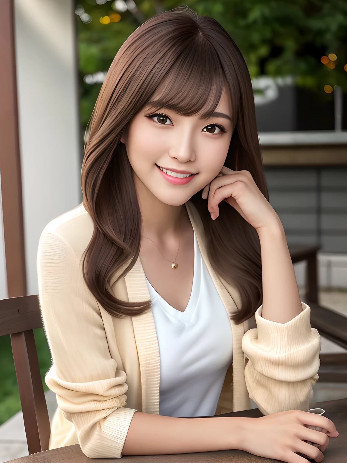 Product quality, 1 girl, Cowboy shot, Front view, a Japanese young pretty girl, Long Bob hair, Wear a wedding ring, Sit in a chair at the outdoor coffee table,(((The smile is bright))), ((Crooked eyes)),Coffee mugs and toast on the table, Collared satin silk white shirt jacket light yellow long cardigan, Wearing light brown long jeans, hyper cute face, Glossy lips, double eyelids for both eyes, Natural makeup, Shiny smooth light brown hair,Long Bob hair, Asymmetrical bangs, Tanned skin, high resolution, High detail, Detailed hairstyle, Detailed face, Cinematic lighting, Octane rendering, Ultra photo realsisim, Perfect limbs, Perfect anatomy