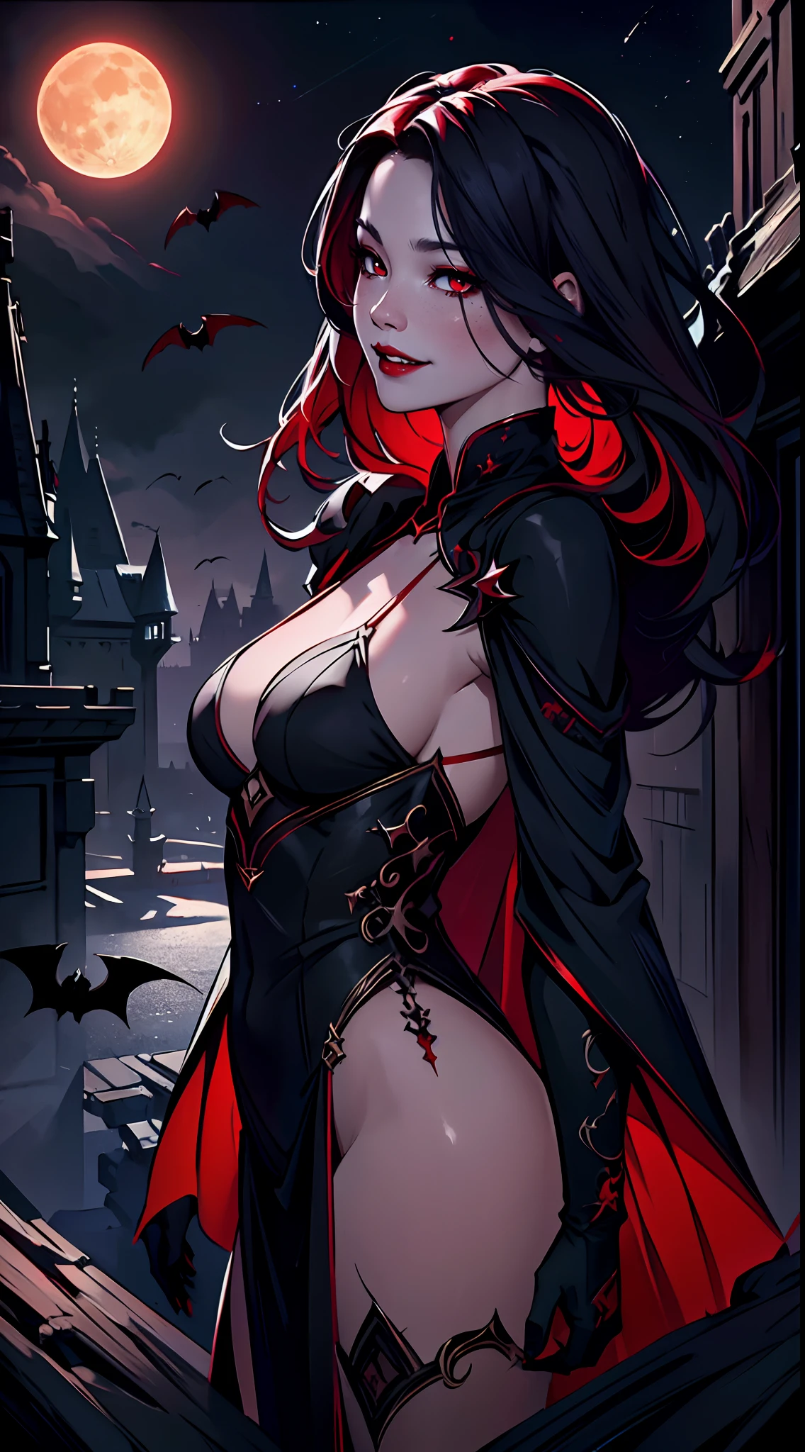 A delicate and beautiful picture of a female vampire standing on the porch of a castle under the stars, holding a cup of redwine(Wearing a white dress with blood:1.5),take up close, Dynamic angle super delicate face, and there is blood on the corners of your mouth,Hyper-feminine, gray colored skin, Red hair, (A charming smile:1.5),dark red lips,The eyes glow red and glowing, , long black cape, star filled sky background, Moon, Bats fly around, High details, Best quality, 8K, Masterpiece, Best quality, (Ultra detailed), Photorealism, dark fantasy art