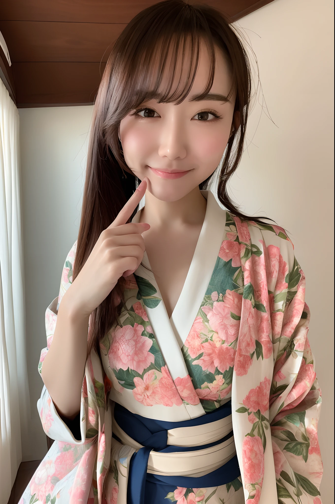 master piece,ultra detailed,ultra high resolution,8k,best quality,hand_quality,finger_accuracy,finger_realism,japanes、a beauty girl、Human anatomically correct、Best Lighting、Realistic skin type、Natural look、ssmile、Beautuful Women、kawaii、perfect body type、soio、Photos from the best angles、Wearing a floral Japan kimono