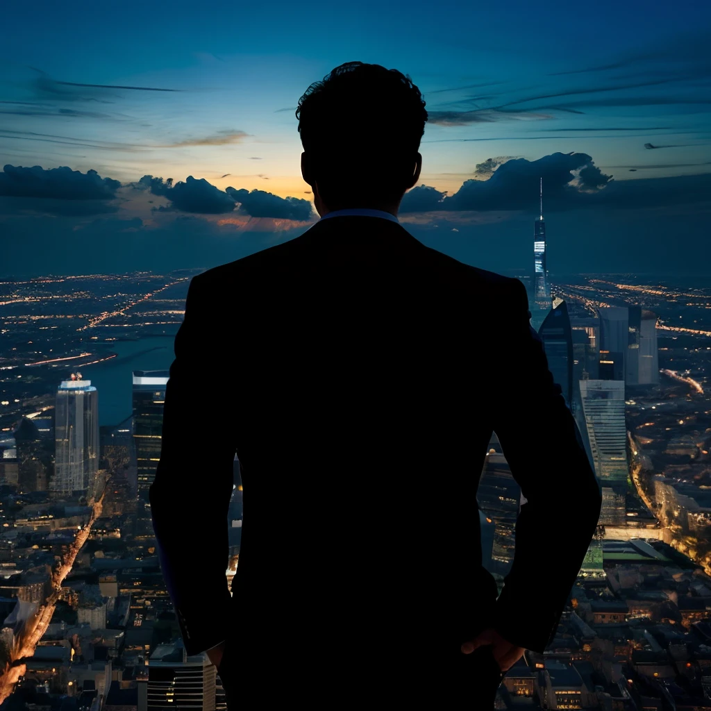((masterpiece)) the silhouete of the back of a business man on suit, starring at the city, thinking about life, starring at the city, skyscrapper, ultrarealistic