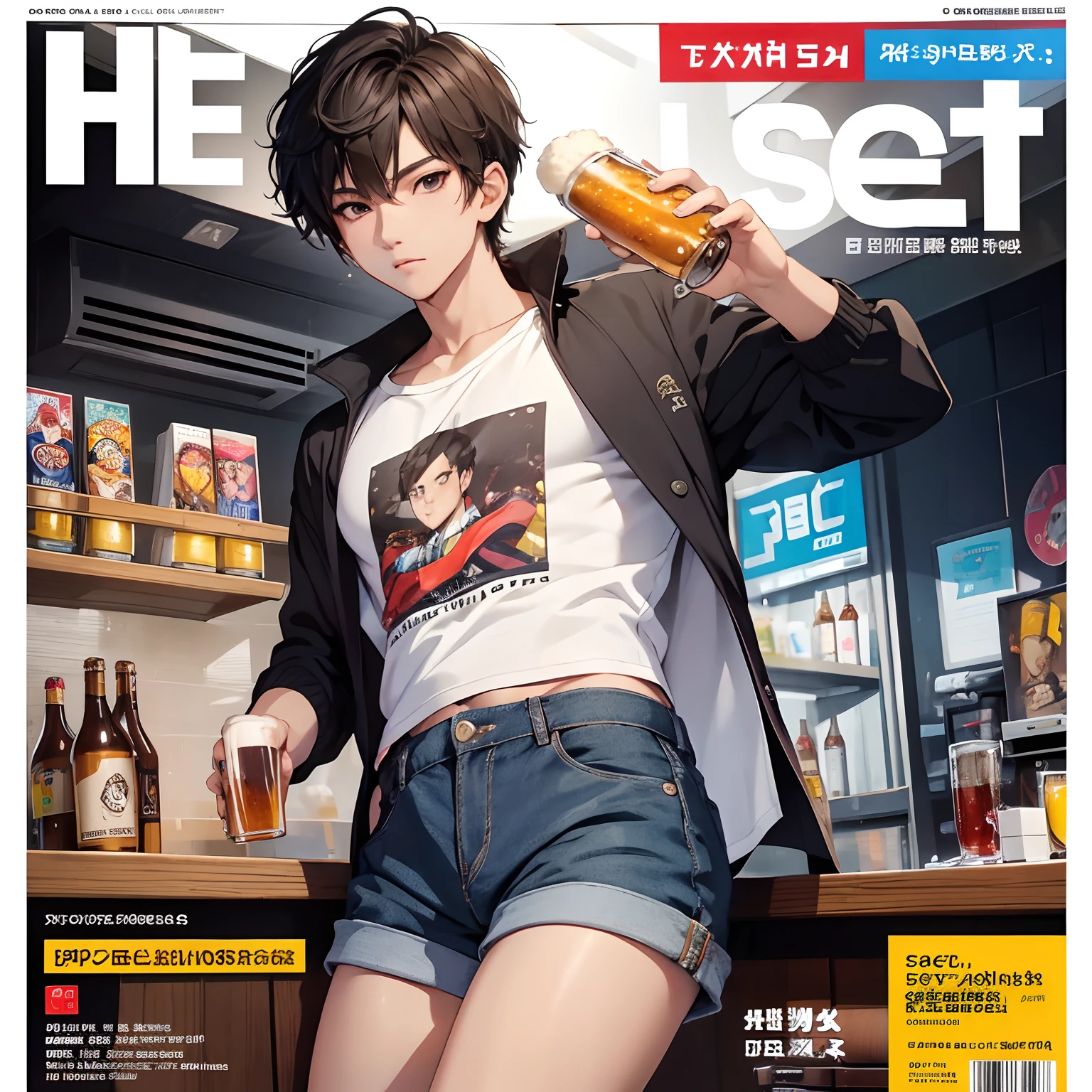 masterpiece, top quality, intricate detail, magazine front page, featuring a male idol with beer, Magazine's Title with rainbow color font, a young handsome boy with short pants, T shirt, tall muscle, ((abs)), Kpop idol, looking at camera, grab a glass of tasty beer,  beautiful face, white background, fashion model, Kpop boy's group member, fashionable damage short pants, (solo)