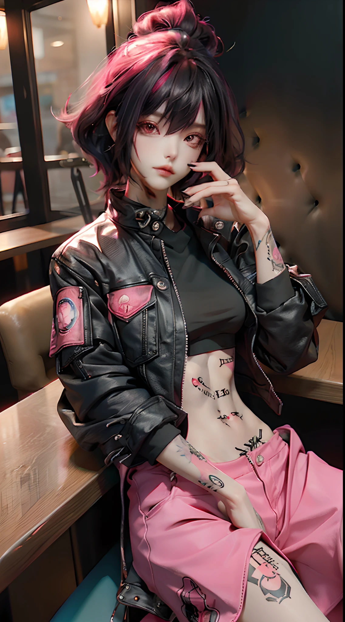 girl, pink mixed black long tied hair, cool black open short jacket, tatoos, messy fade cut hair, crazy, , on futuristic inside restaurant,poser