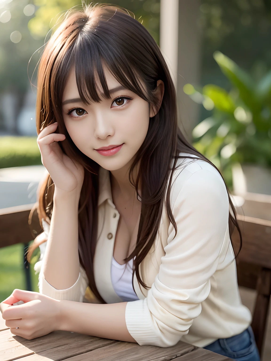 Product quality, 1 girl, Cowboy shot, Front view, a Japanese young pretty girl, Long Bob hair, Wear a wedding ring, Sit in a chair at the outdoor coffee table，(((The smile is bright))),((Crooked eyes)), Coffee mugs and toast on the table, Collared satin silk white shirt jacket light yellow long cardigan, Wearing light brown long jeans, hyper cute face, Glossy lips, double eyelids for both eyes, Natural makeup, Shiny smooth light brown hair，Long Bob hair, Asymmetrical bangs, Tanned skin, high resolution, High detail, Detailed hairstyle, Detailed face, Cinematic lighting, Octane rendering, Ultra photo realsisim, Perfect limbs, Perfect anatomy