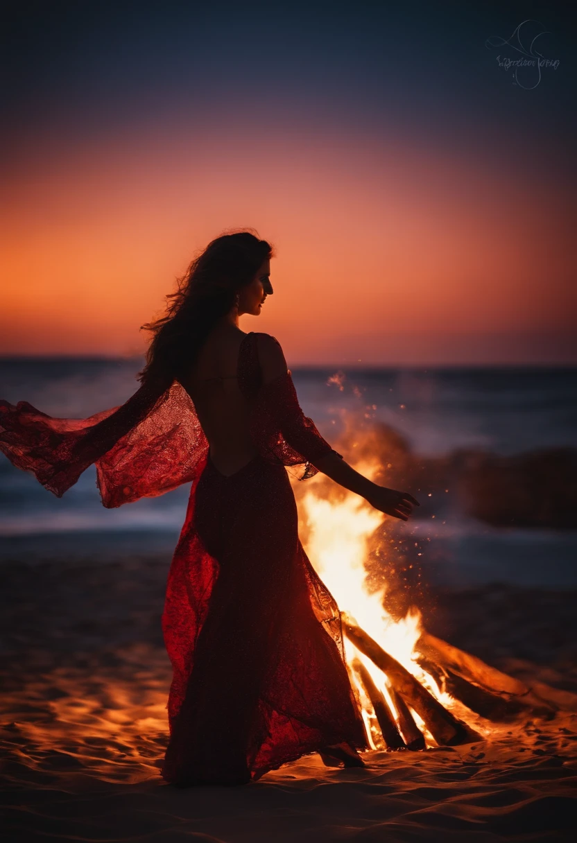 gypsy photography dancing under the starry sky, bonfire, beach and sea