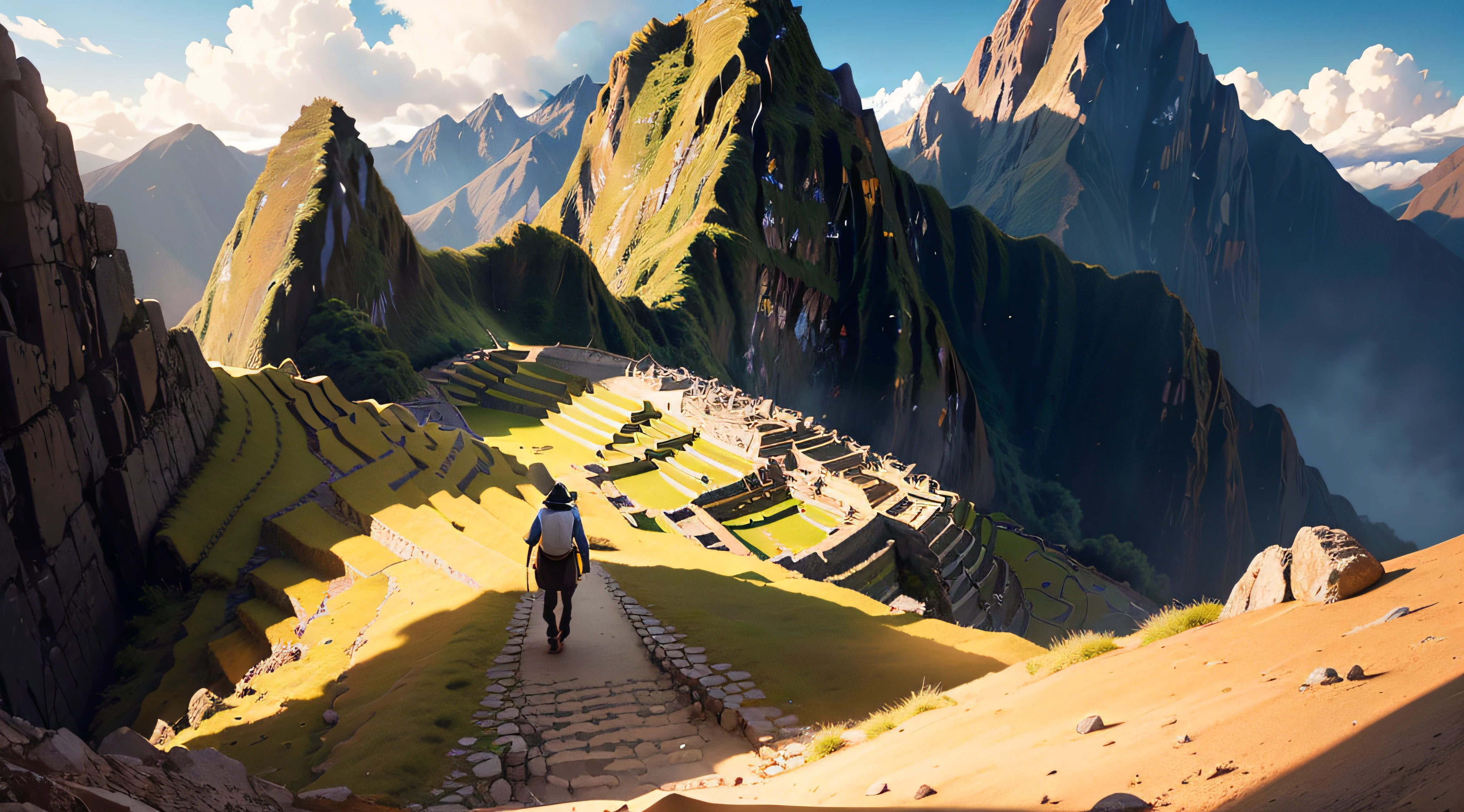 (best qualtiy,ultra - detailed,Most Best Illustration,Best shadow,tmasterpiece,A high resolution,professionalartwork,famousartwork)INCA WORLG gold Machu Pichu Peru gold walking in Machu Pichu